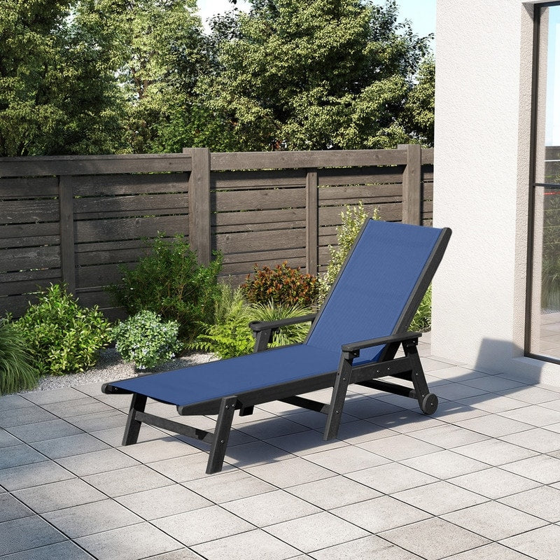 Domi Lounge Chair Outdoor Hdpe Chaise Lounge Outdoor With Wheels Textilene Patio Lounge Chair Adjustable 5 Position Recliner