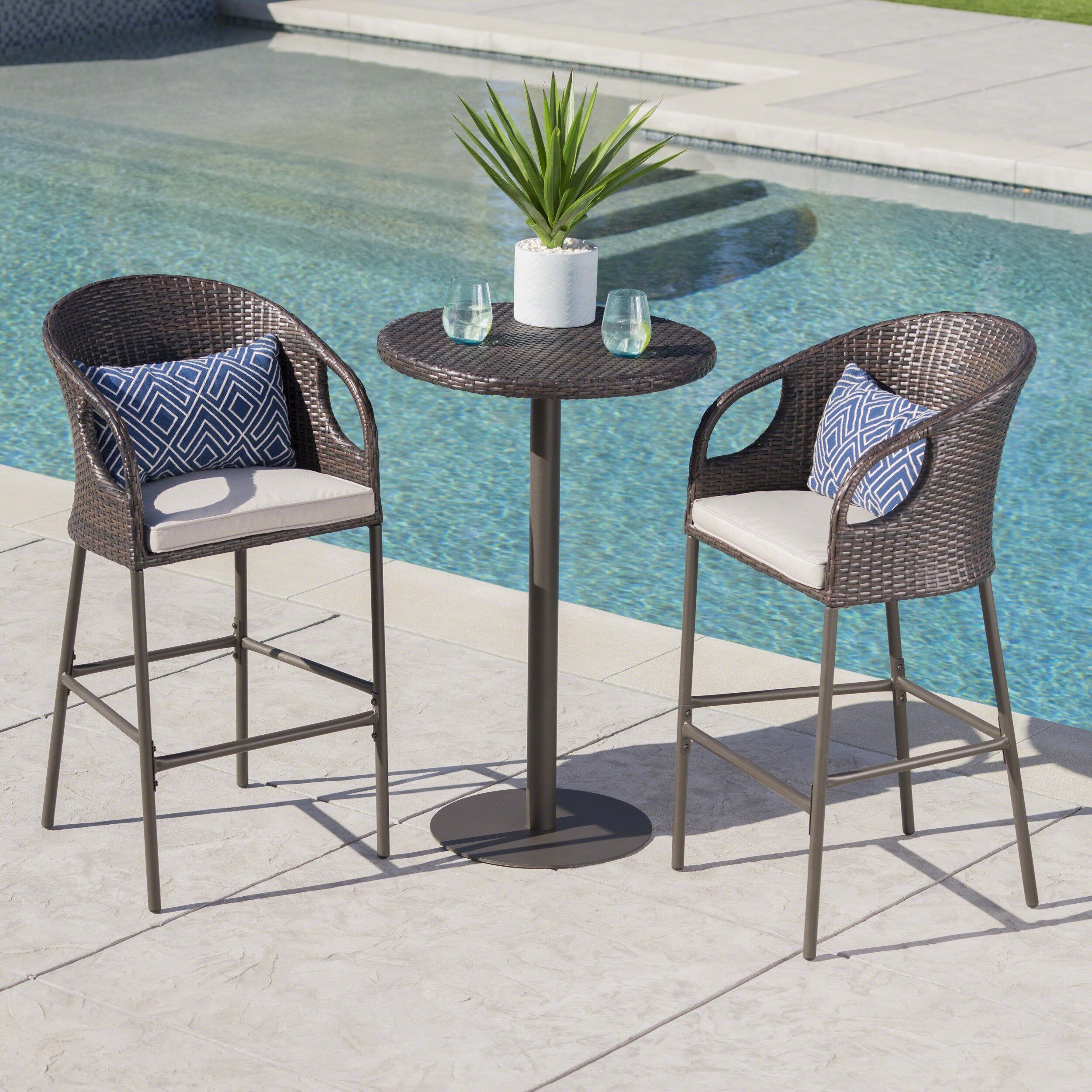 Dominica Outdoor 3 Piece Wicker 40 Inch Round Bar Set With Cushions By Christopher Knight Home