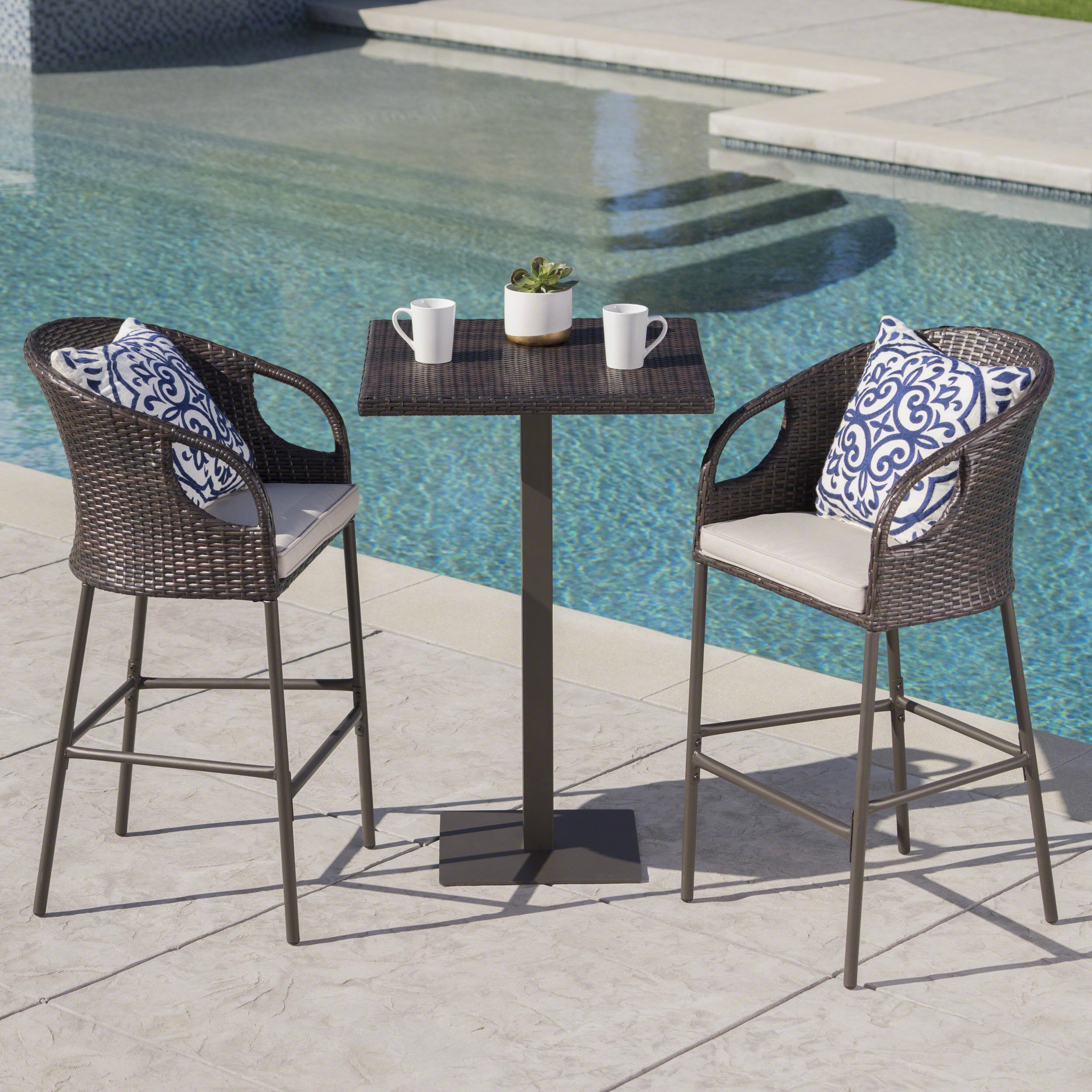 Dominica Outdoor 3 Piece Wicker 40 Inch Square Bar Set With Cushions By Christopher Knight Home