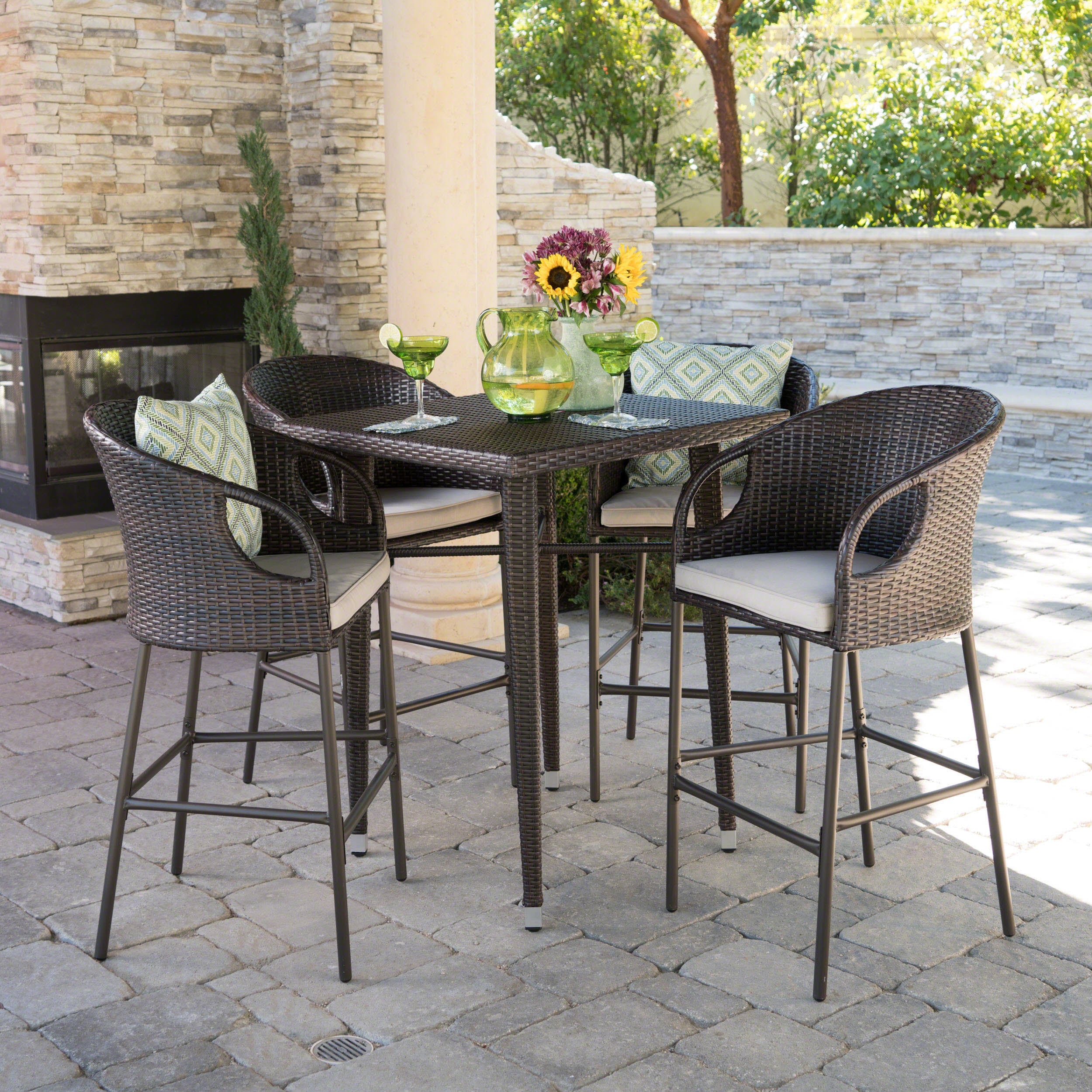 Dominica Outdoor 5 Piece Wicker 41 Inch Square Bar Set With Cushions By Christopher Knight Home