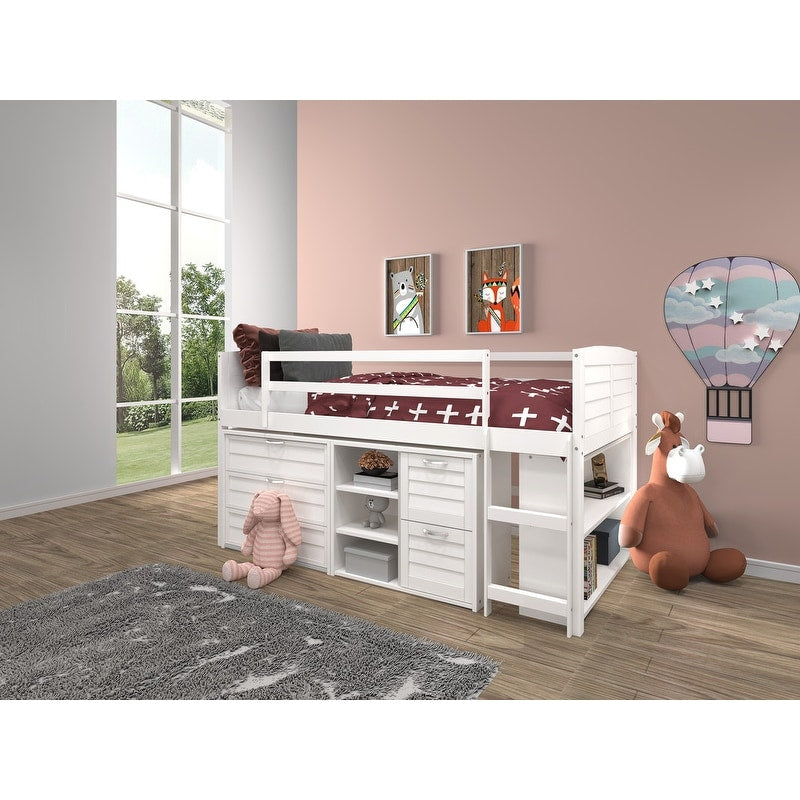 Donco Kids Twin Louver Low Loft In White With 3 Drawer Chest 2 Drawer Chest With Shelves And Bookcase