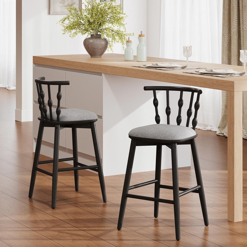 Doria Indoor Wooden Bar Stools With Gray Upholstery And Black Finish Set Of 2