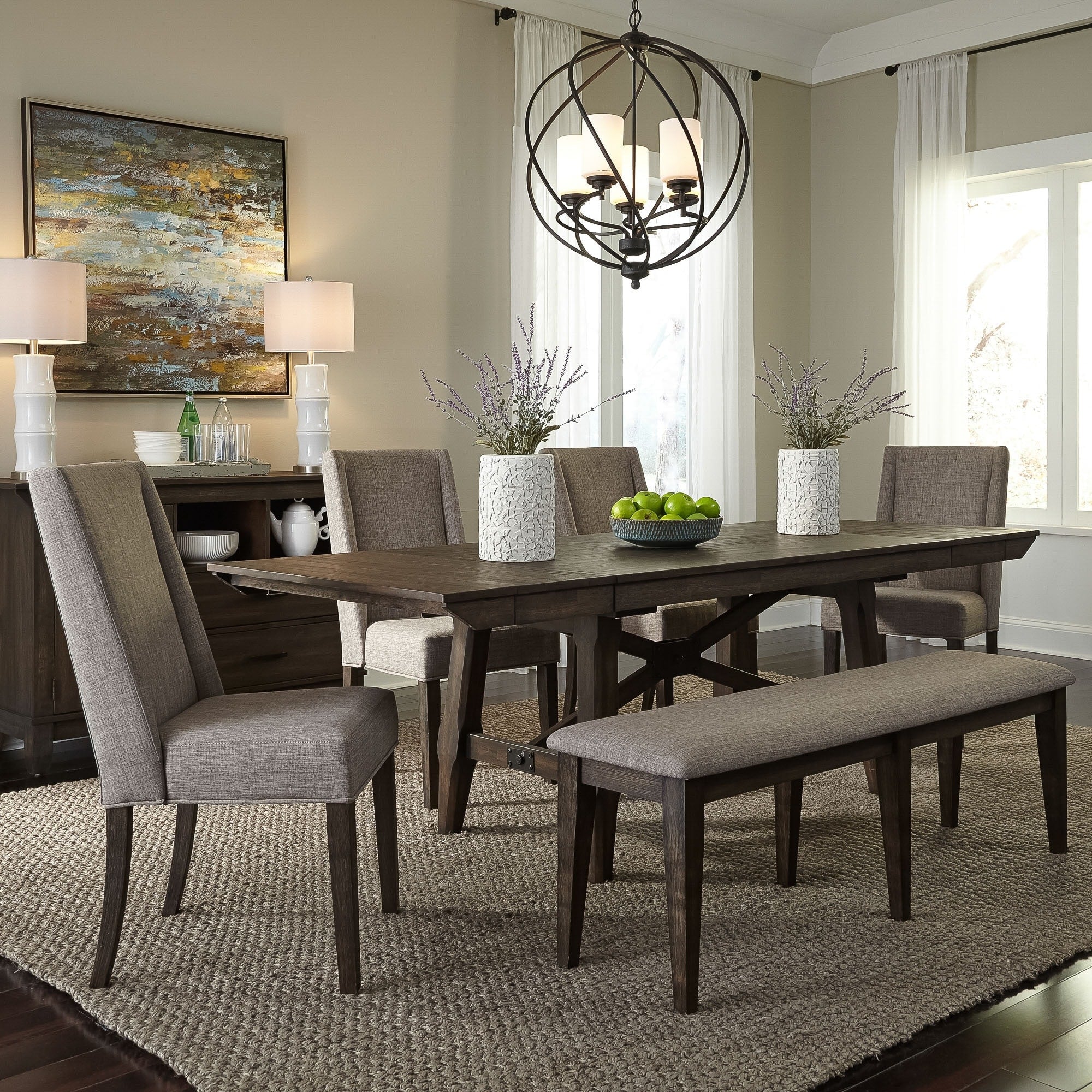 Double Bridge Opt 6 Piece Upholstered Trestle Table Set
