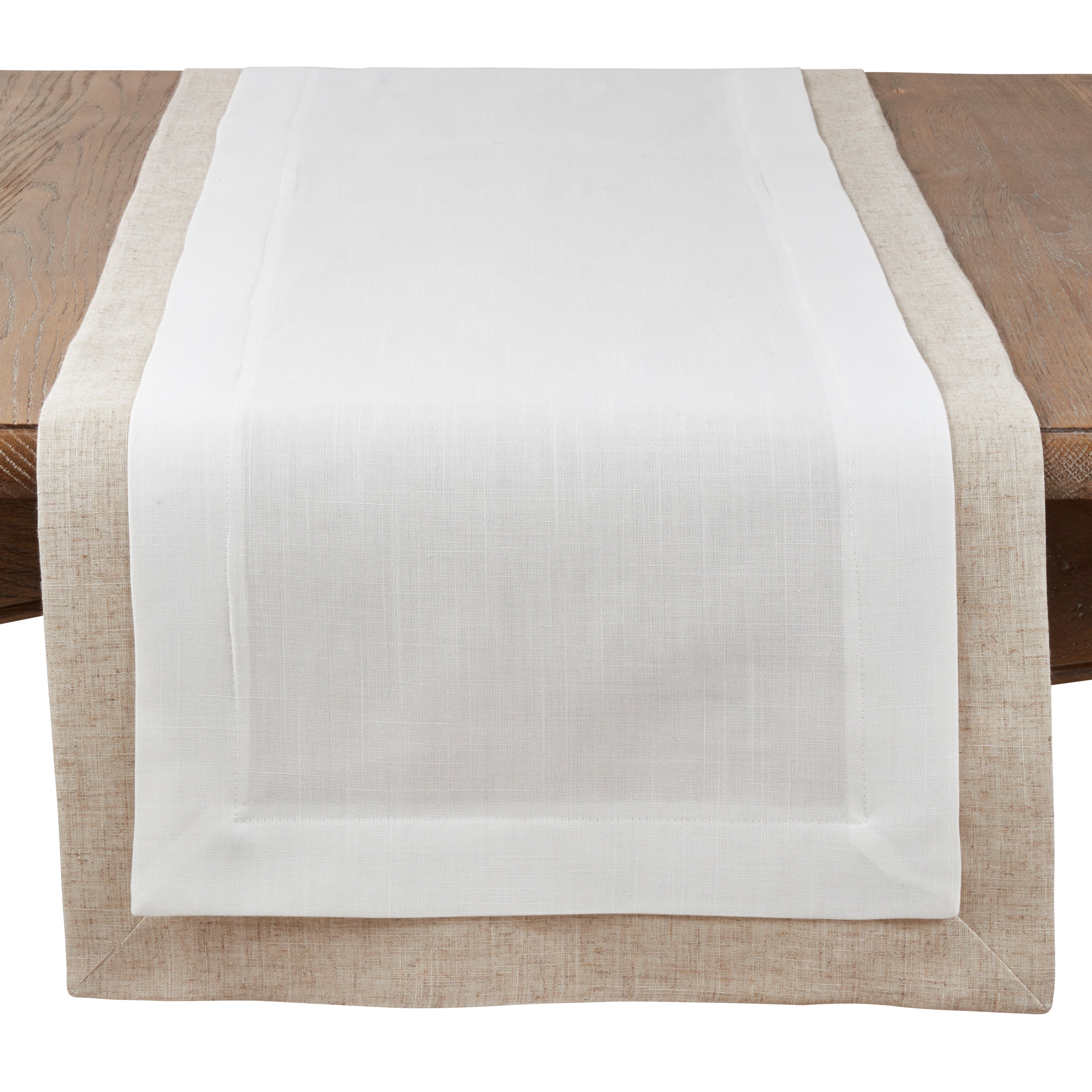 Saro Lifestyle Ivory Linen Blend Double Layer Table Runner With Thick Border Design