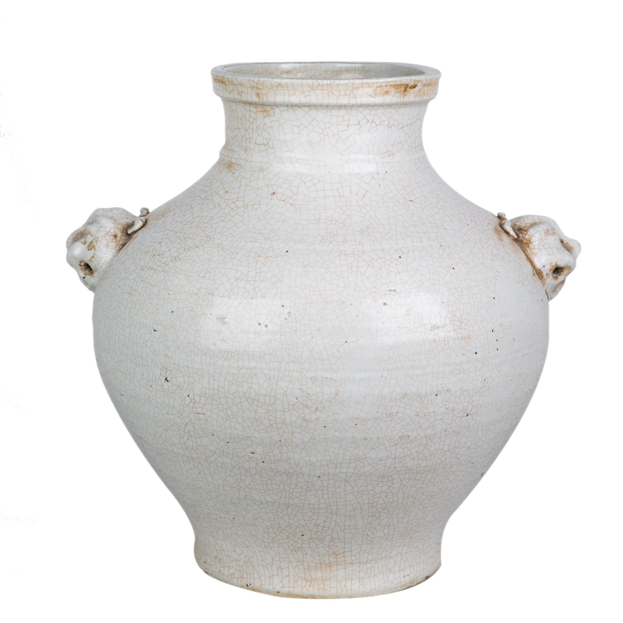 Double Lion Head Handle Jar White Crackle