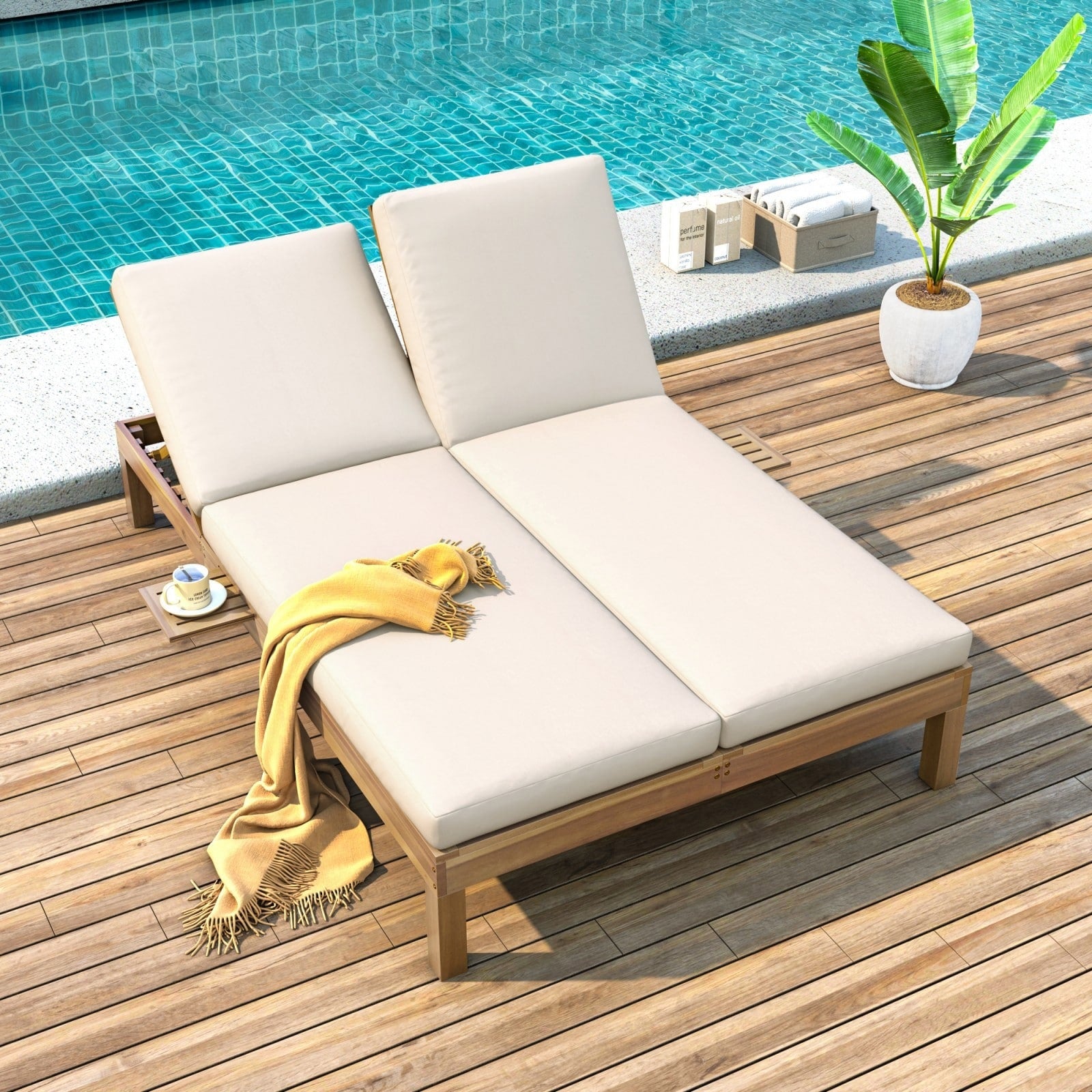 Double Outdoor Chaise Lounge W Cushions Side Trays N A