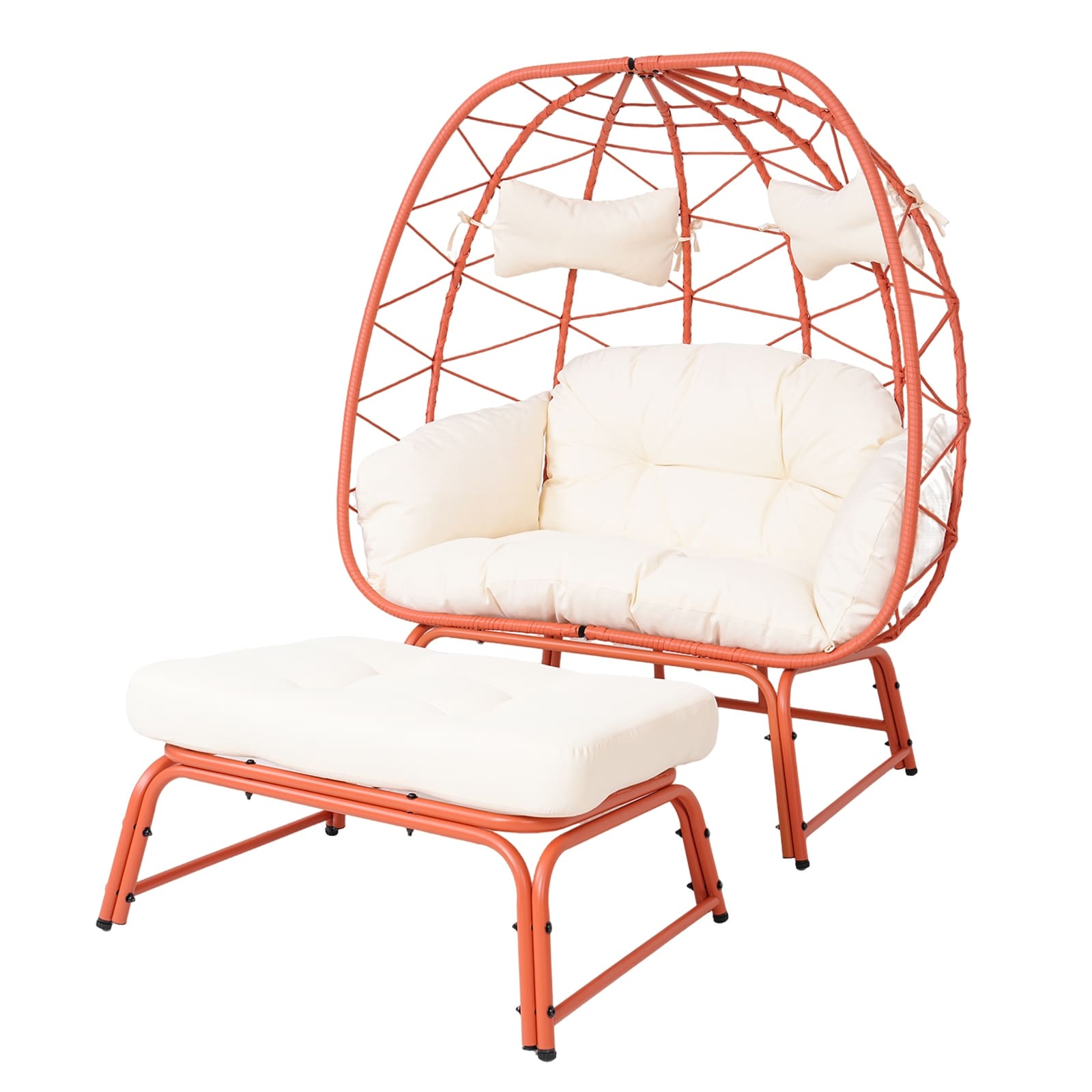 Double Patio Egg Chair With Ottoman Wicker Outdoor Egg Chair With Cushion 2 Person Lounge Chair With Footrest For Balcony