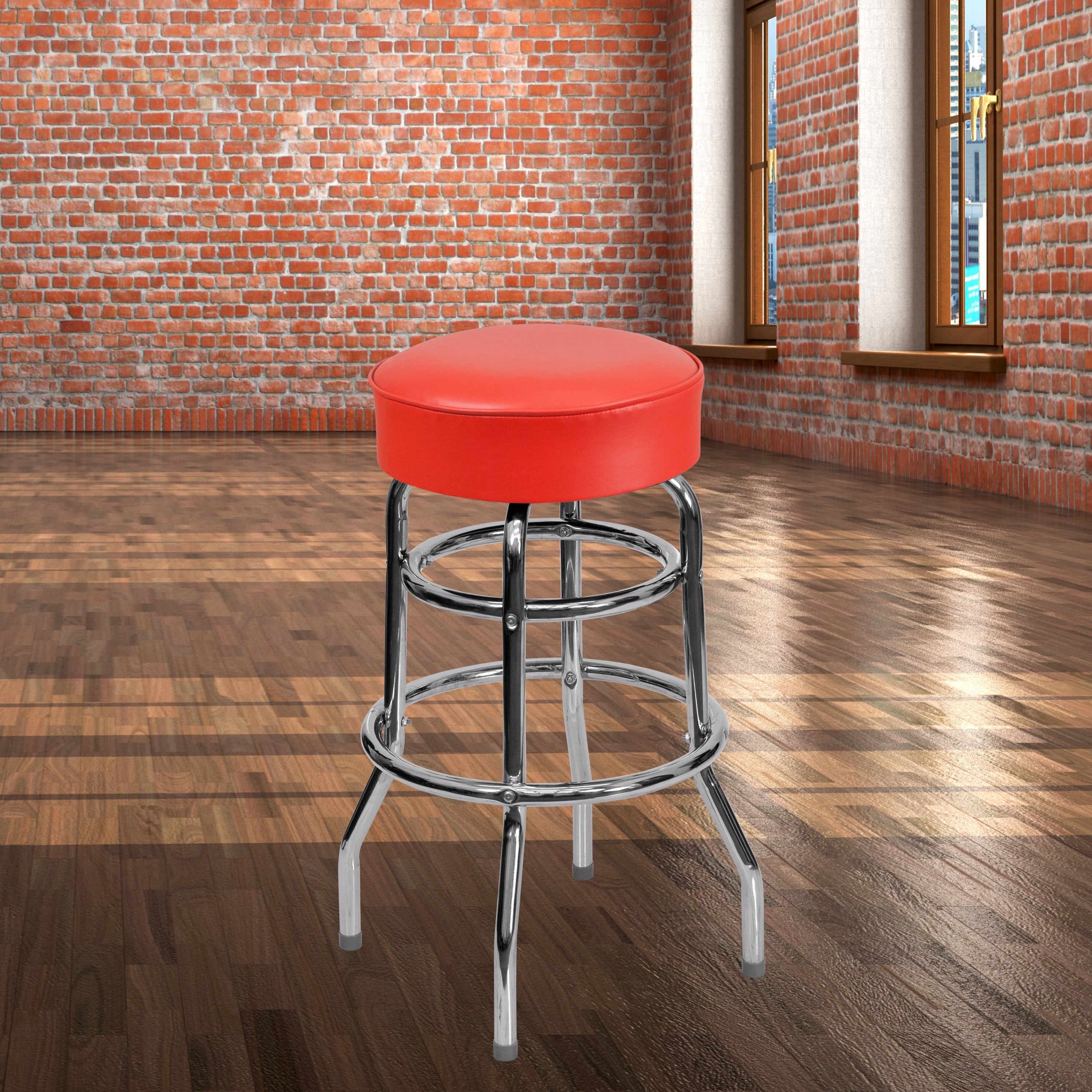 Lancaster Home Red Vinyl Upholstered Double Ring Chrome Stool