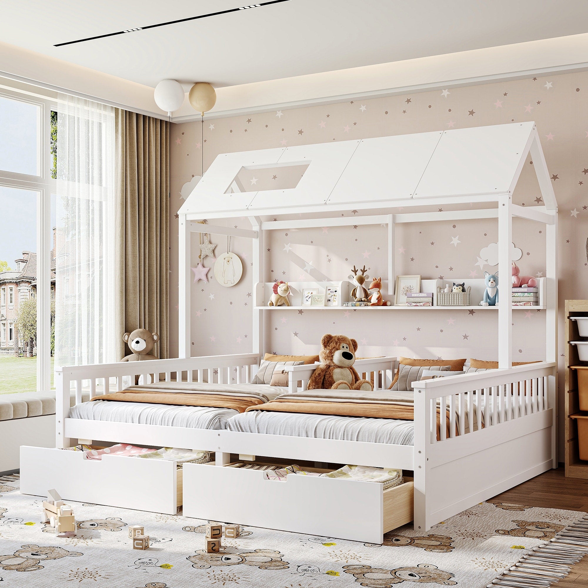 Double Twin Platform Bed With Storage Shelves Drawers And Playhouse Design
