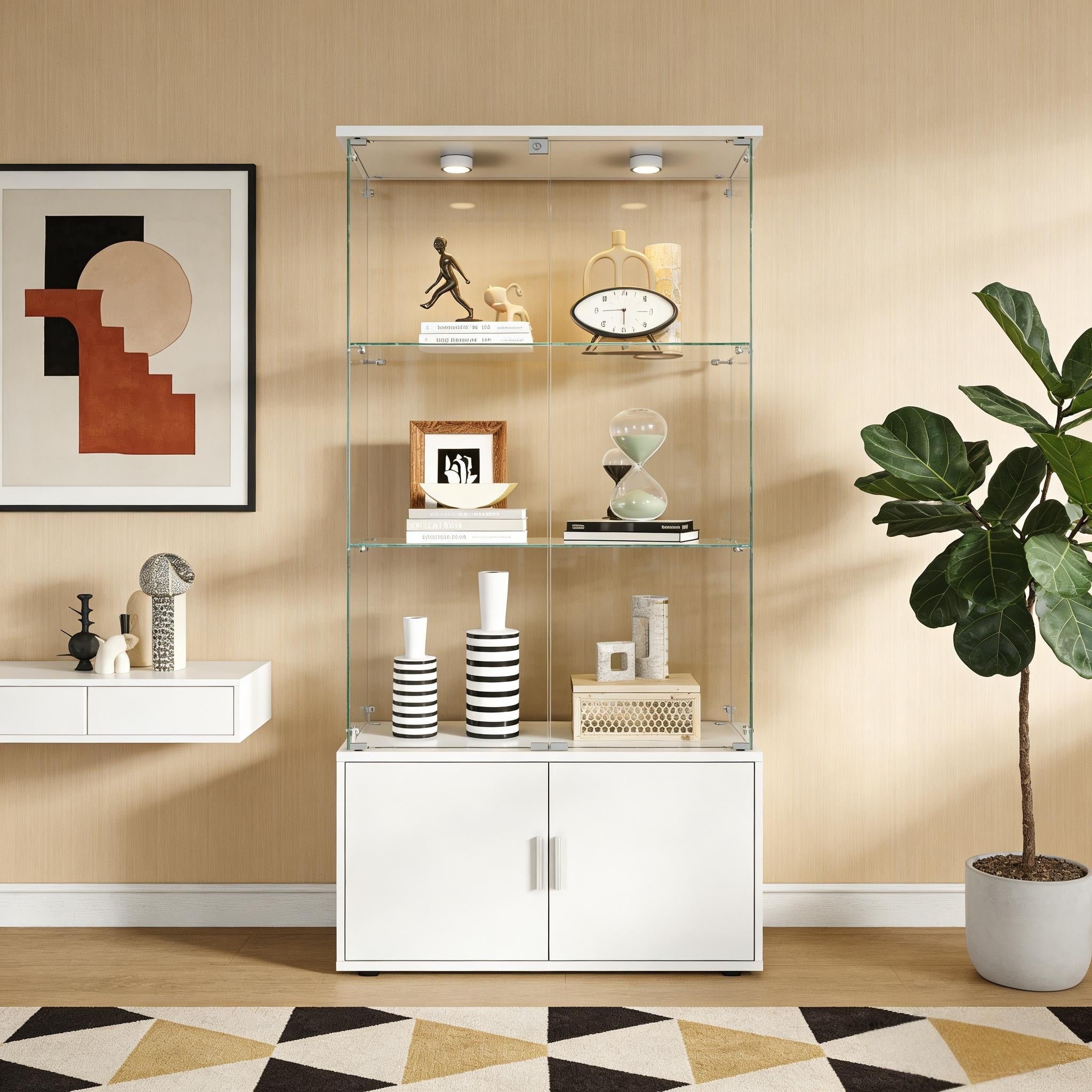 Double Door Four Layer Cabinet Style Storage Cabinet Display Cabinet Wine Cabinet With Remote Controlled Lights Adjustable Feet