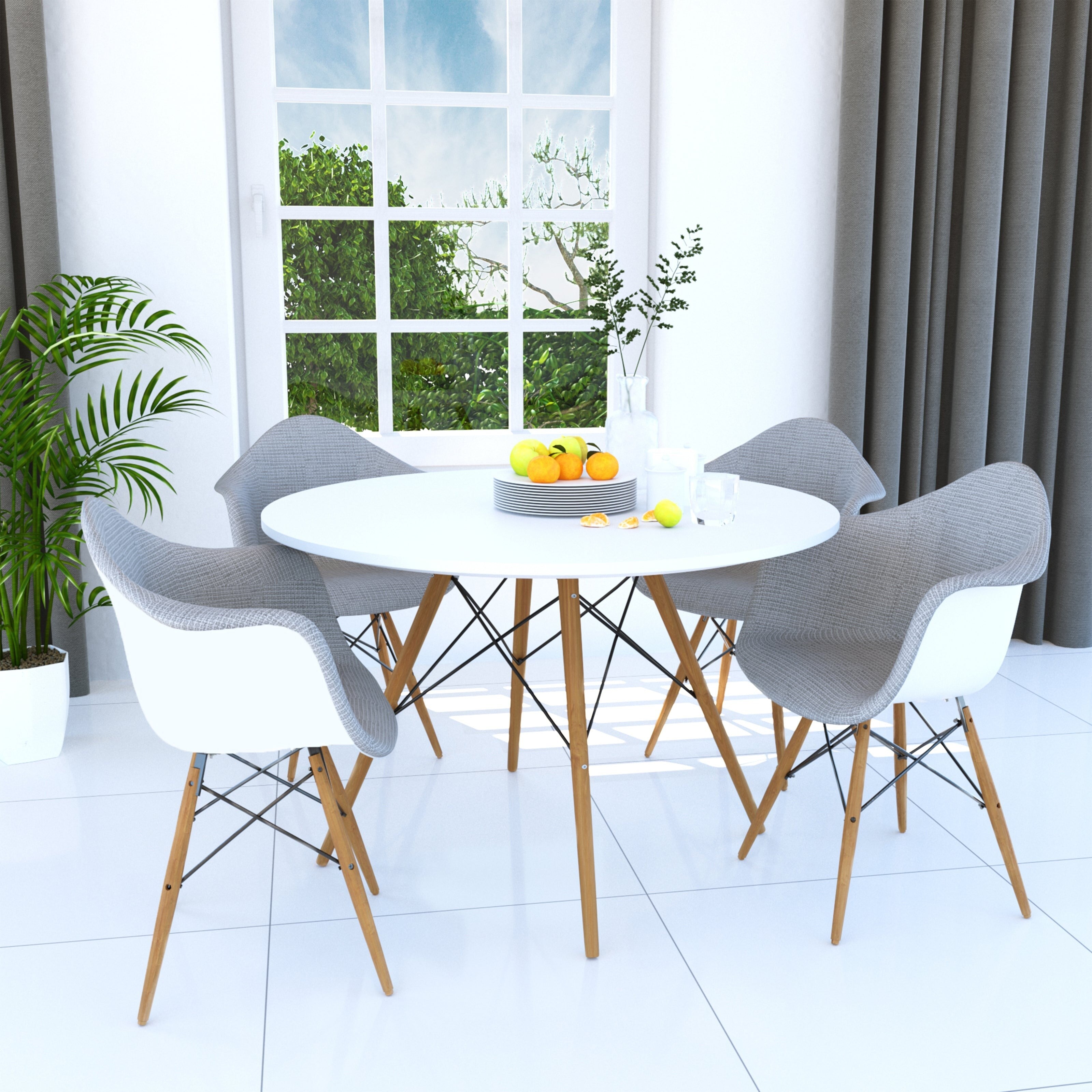 Leisuremod Dover Round White Wood Dining Table With Dowel Eiffel Base