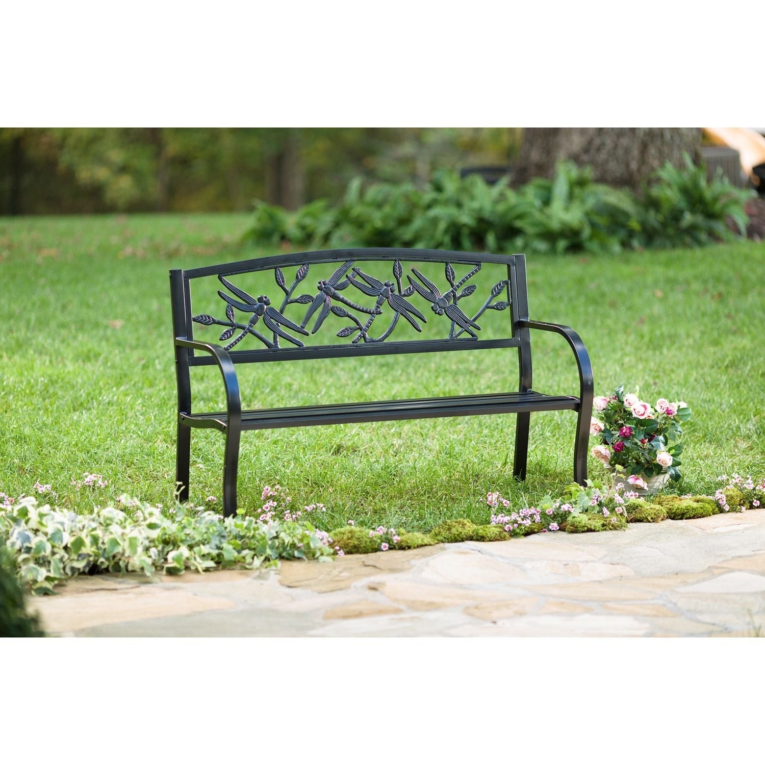 50 Inch Dragonfly Black Metal Garden Bench