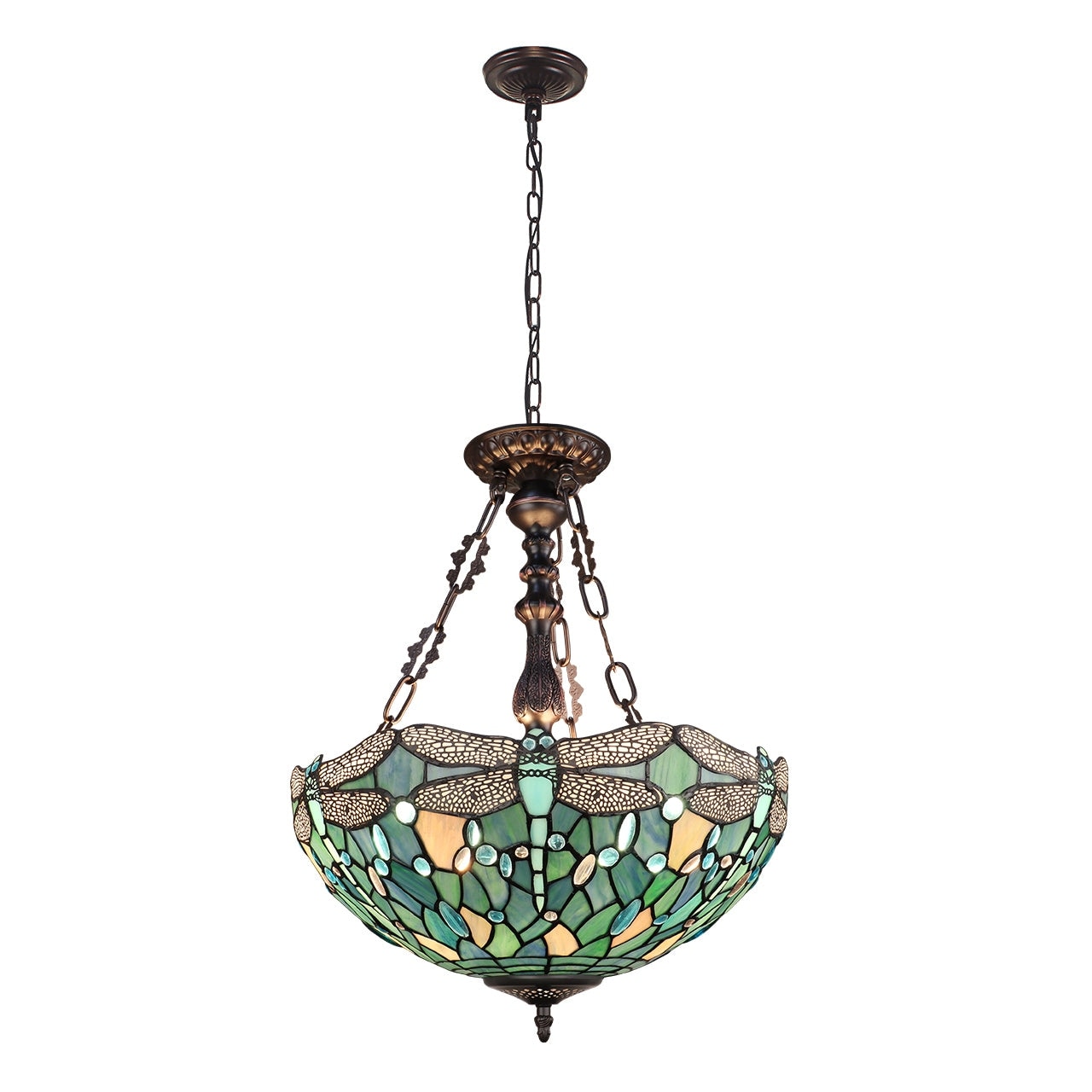 Dragonfly Tiffany Style 3 Light Antique Dark Bronze Inverted Ceiling Pendant 16 Shade