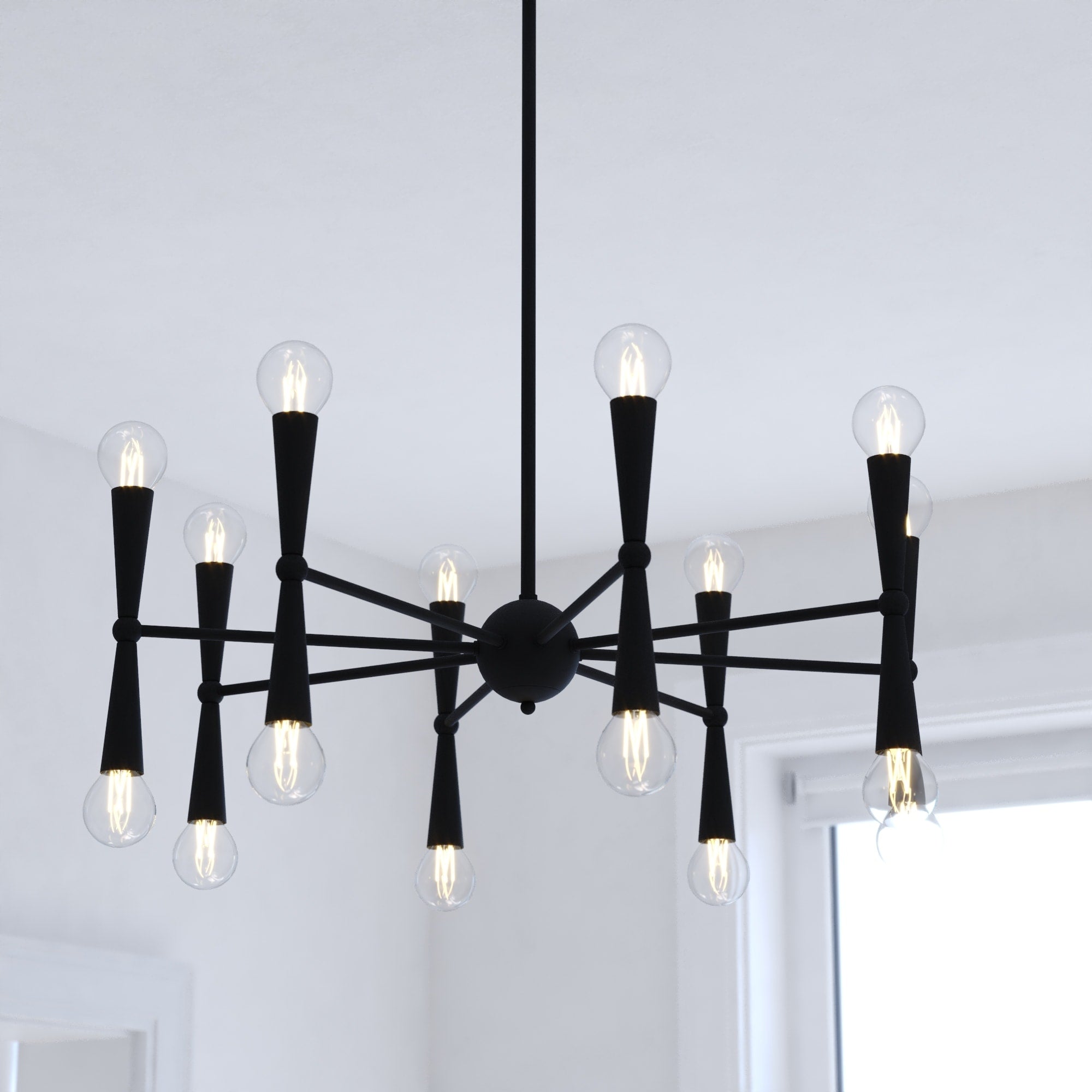 Drake 16 Light 29 In. Wide Matte Black Mid Century Modern Chandelier Adjustable Height Hanging Ceiling Pendant Fixture
