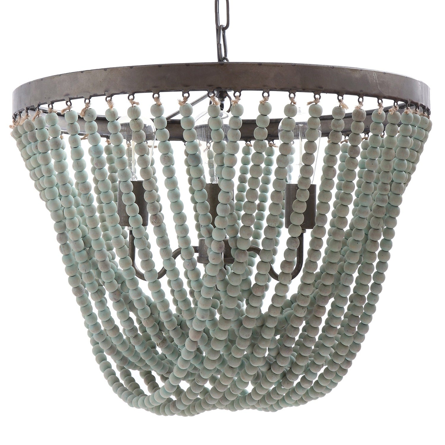 Metal Chandelier With Aqua Wood Beads Distressed Aqua