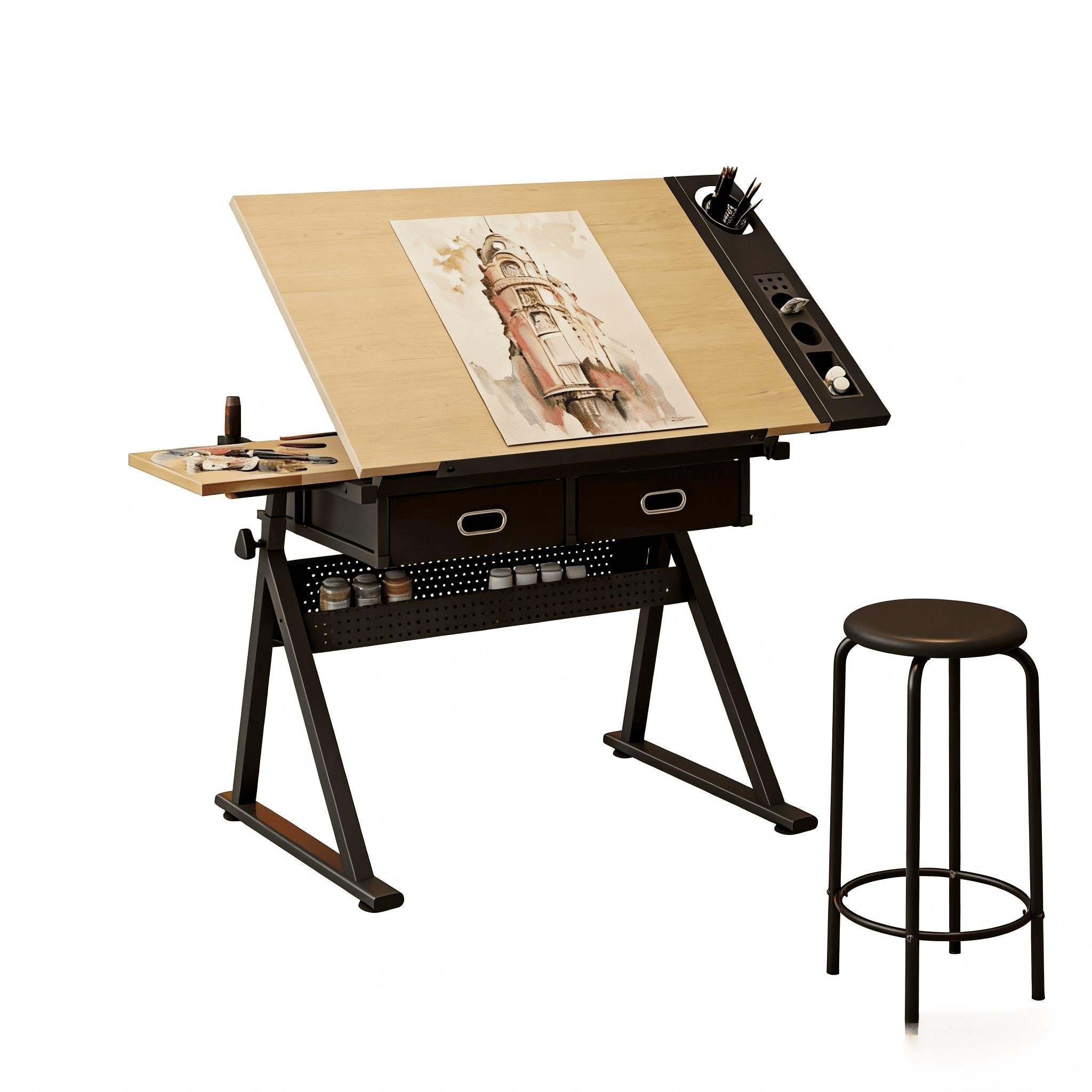 Drawing Drafting Table Desk With 2 Drawers For Home Office
