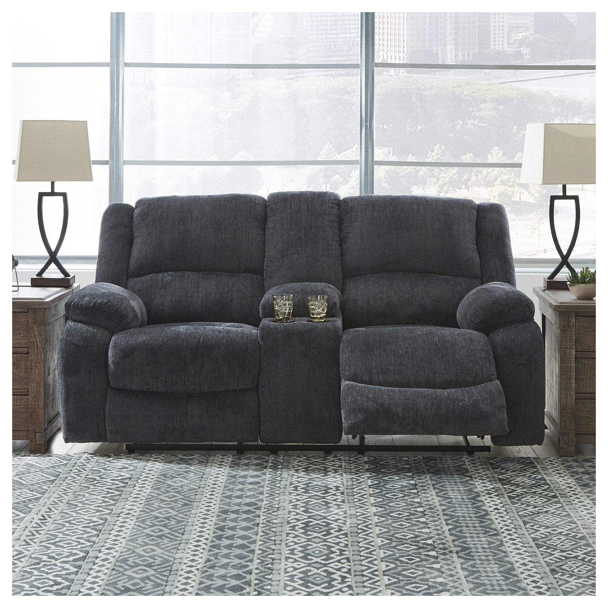 Draycoll Double Power Reclining Loveseat W Console Dark Gray 40 X 70 X 40