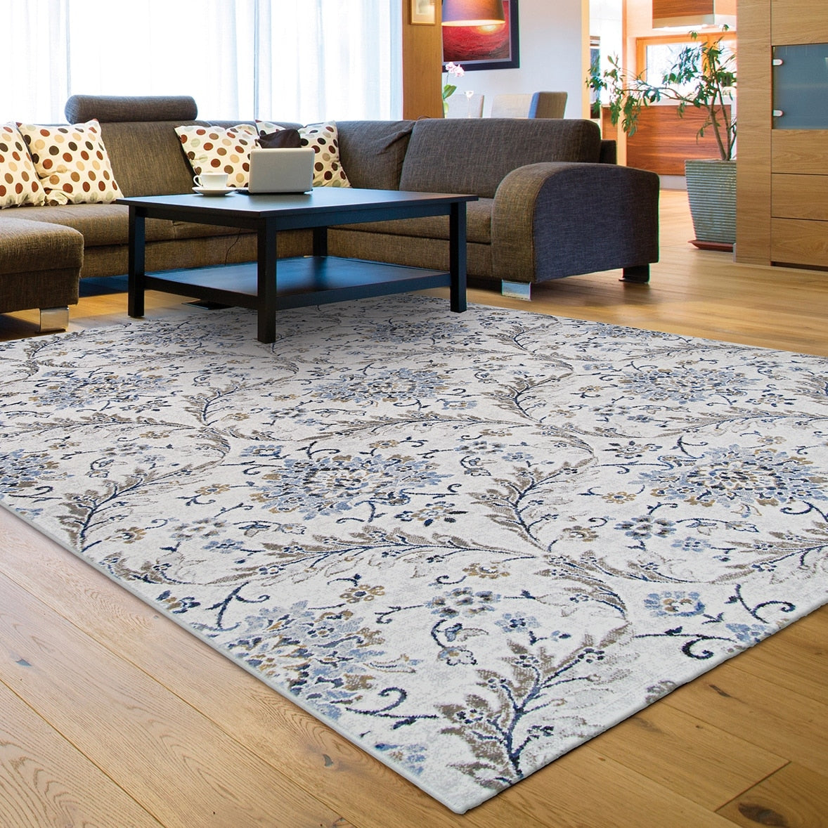 Serai Blooming Acacia Taupe Blue Area Rug