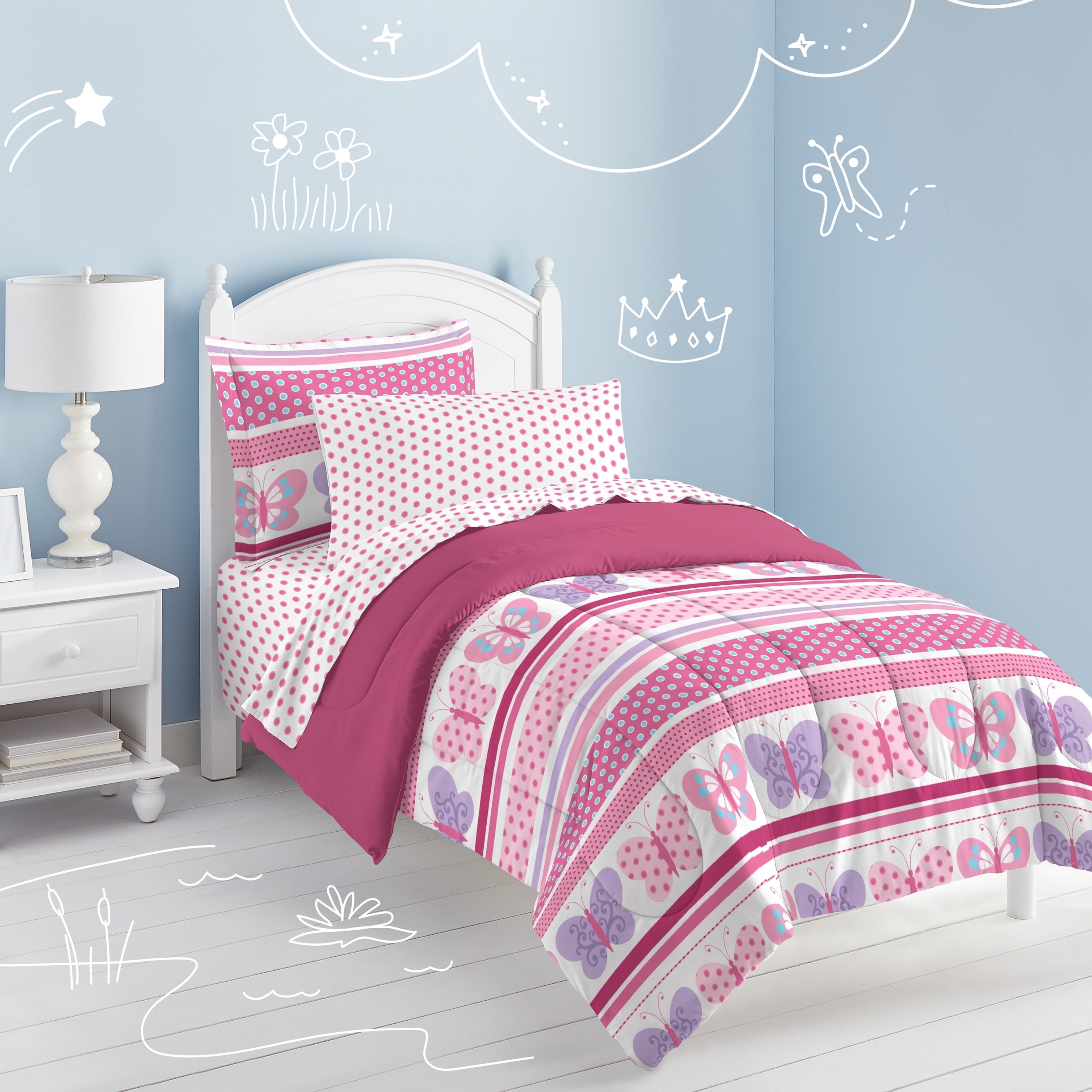 Dream Factory Butterfly Dots Pink 7 Piece Bed In A Bag With Sheet Set