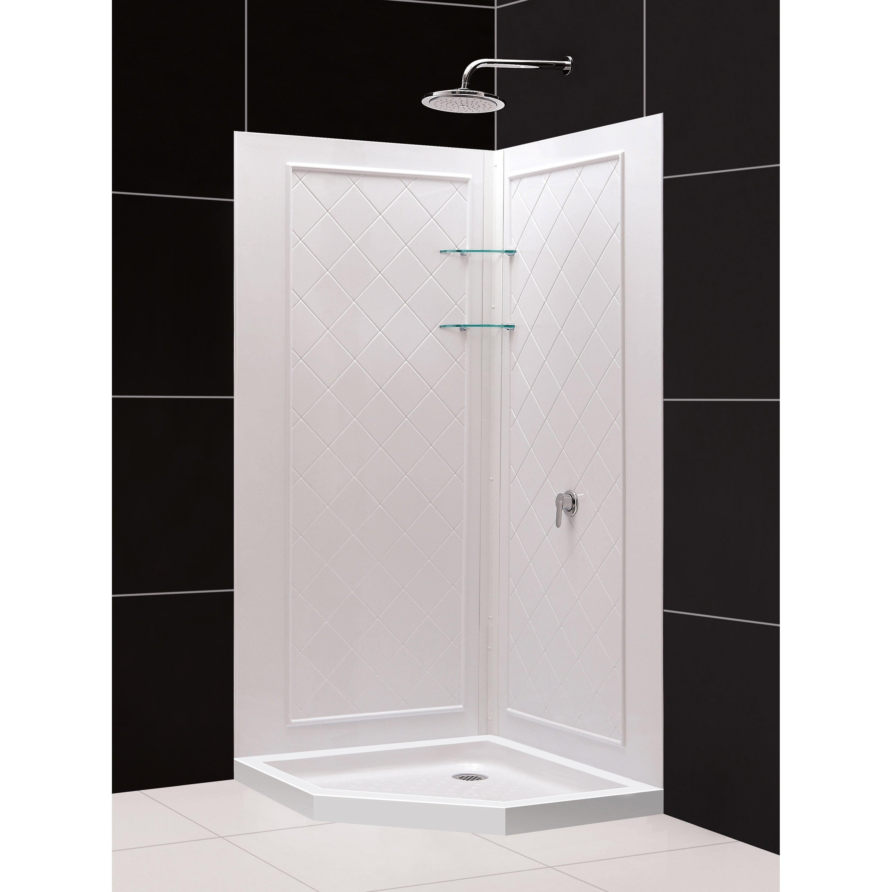 Dreamline 42 In. X 42 In. X 76 3 4 In. H Slimline Neo Angle Shower Base And Qwall 4 Acrylic Backwall Kit Center Drain Base
