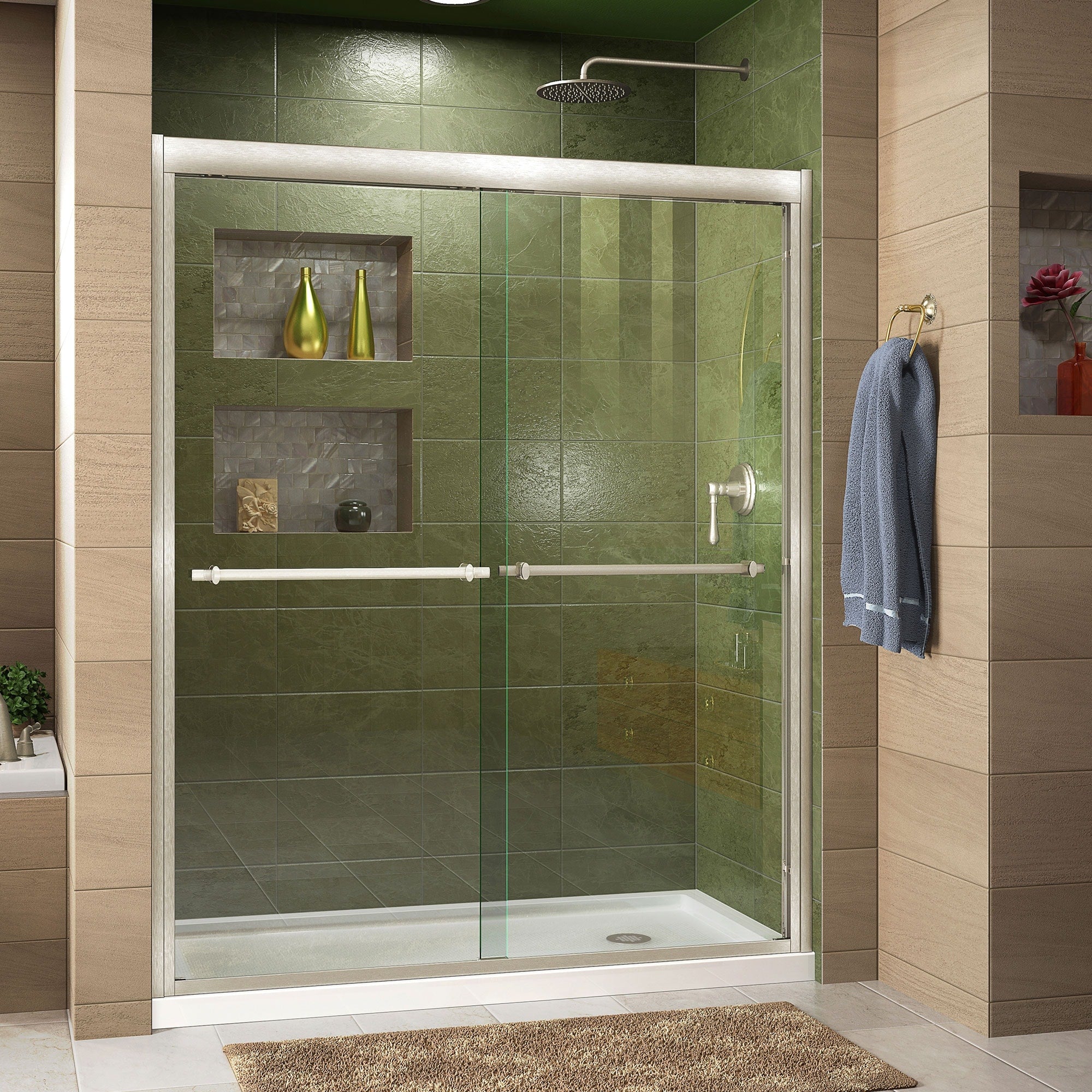 Dreamline Duet 32 In. D X 60 In. W X 74 3 4 In. H Semi Frameless Bypass Sliding Shower Door And Slimline Shower Base Kit