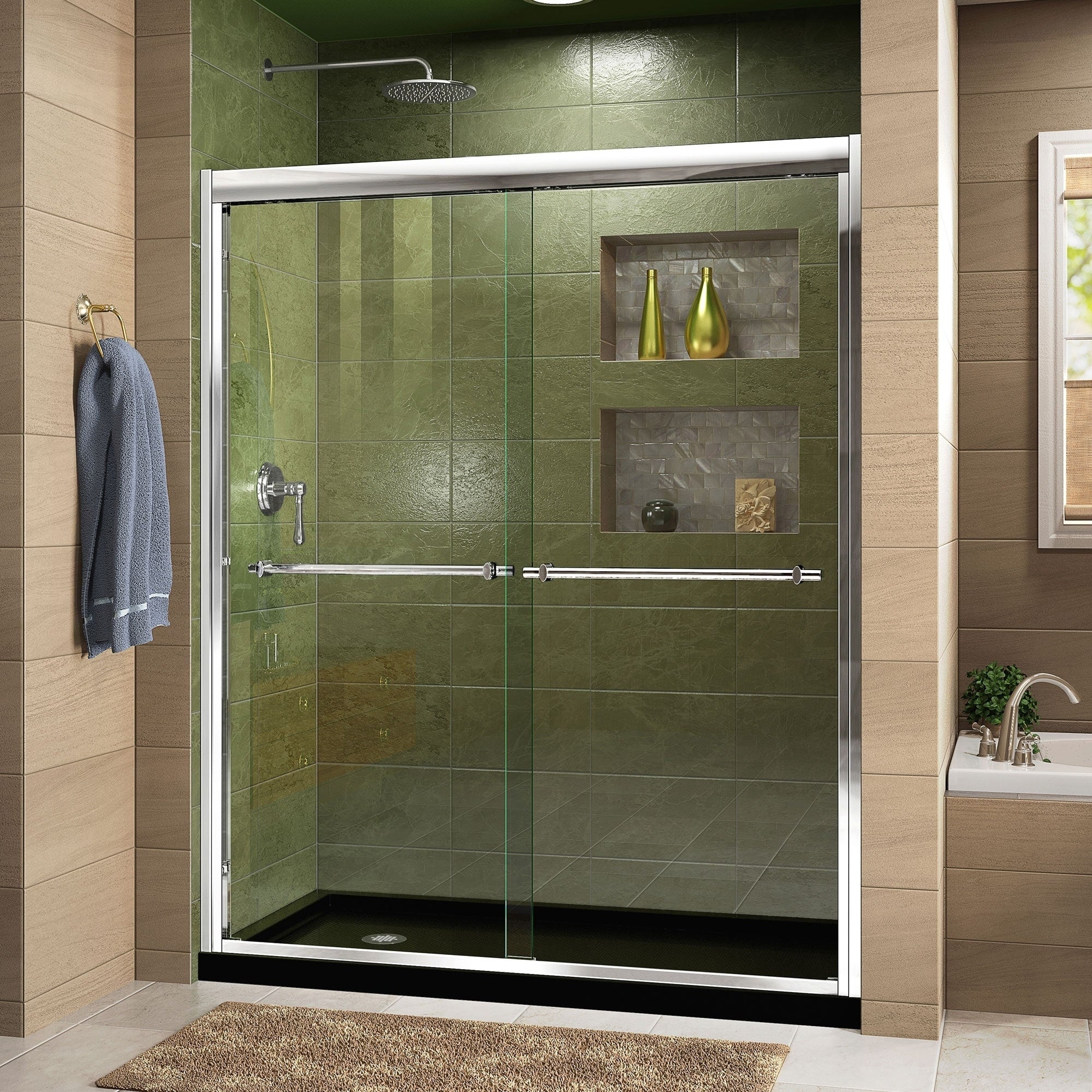 Dreamline Duet 34 In. D X 60 In. W X 74 3 4 In. H Semi Frameless Bypass Sliding Shower Door And Slimline Shower Base Kit