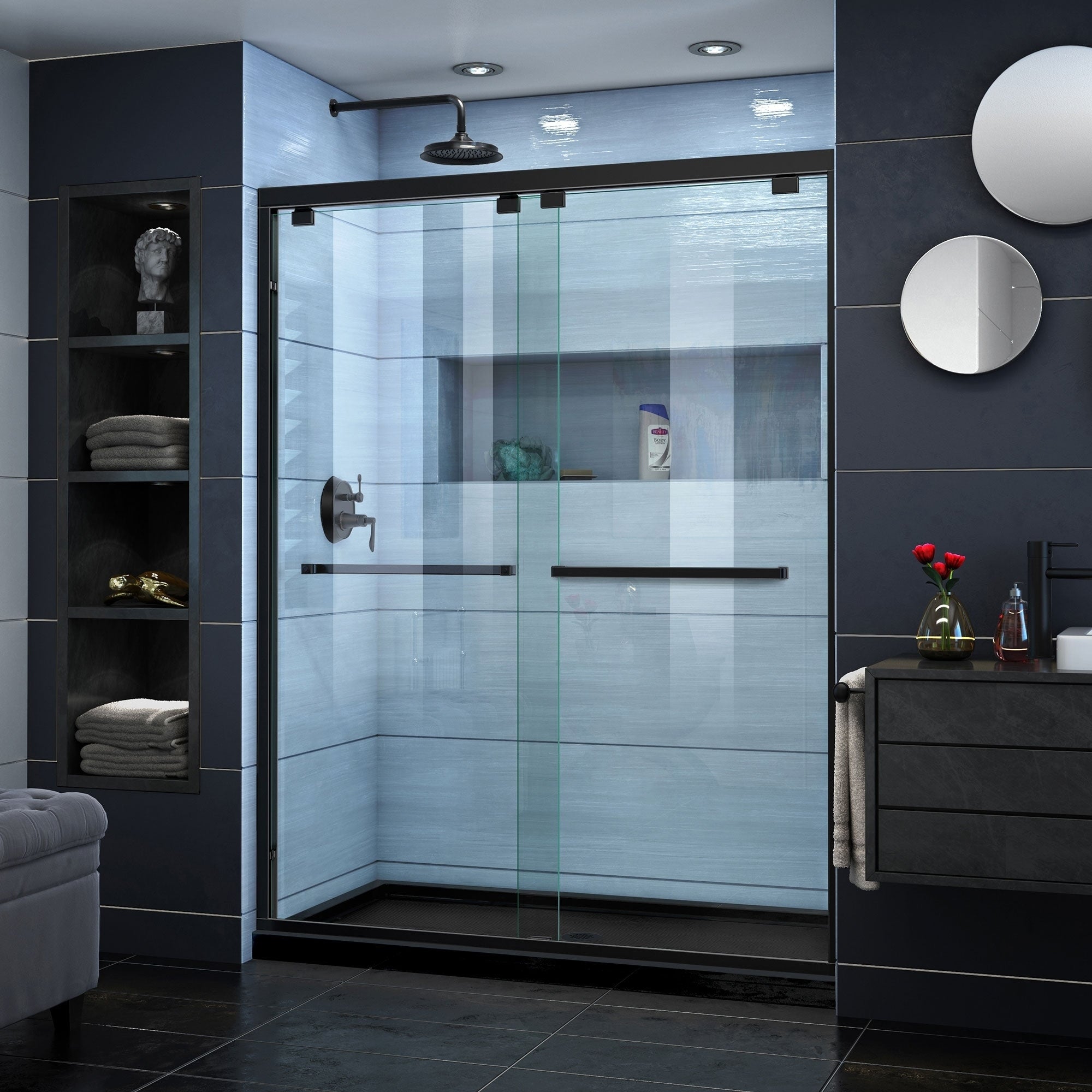 Dreamline Encore 32 In. D X 60 In. W X 78 3 4 In. H Bypass Sliding Shower Door And Center Drain Base Kit