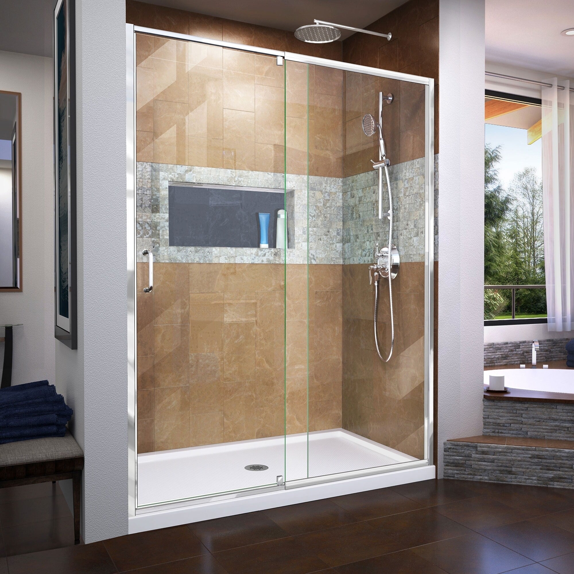 Dreamline Flex 32 In. D X 60 In. W X 74 3 4 In. H Pivot Shower Door And Shower Base Kit 32 X 60