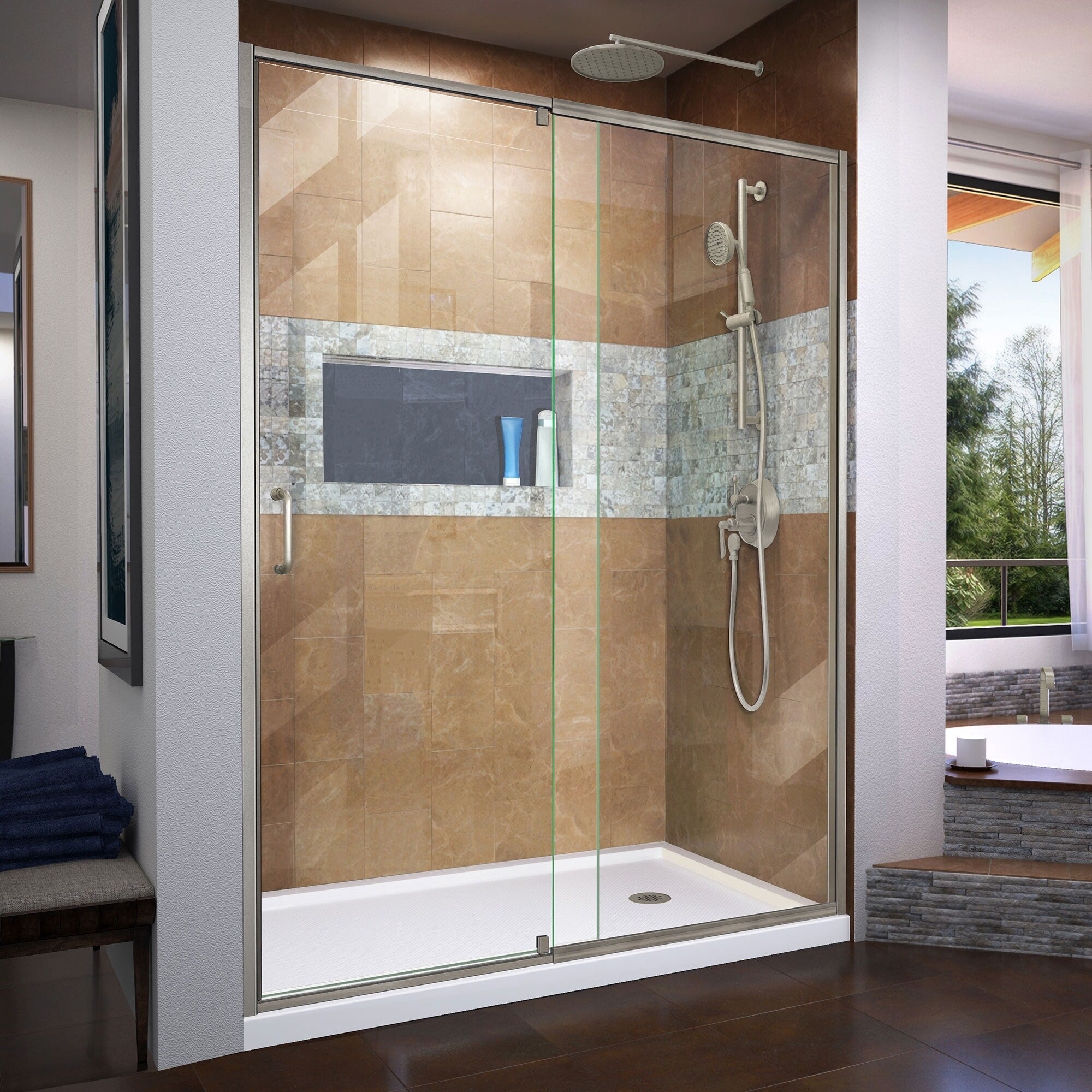 Dreamline Flex 36 In. D X 60 In. W X 74 3 4 In. H Pivot Shower Door And Shower Base Kit 36 X 60