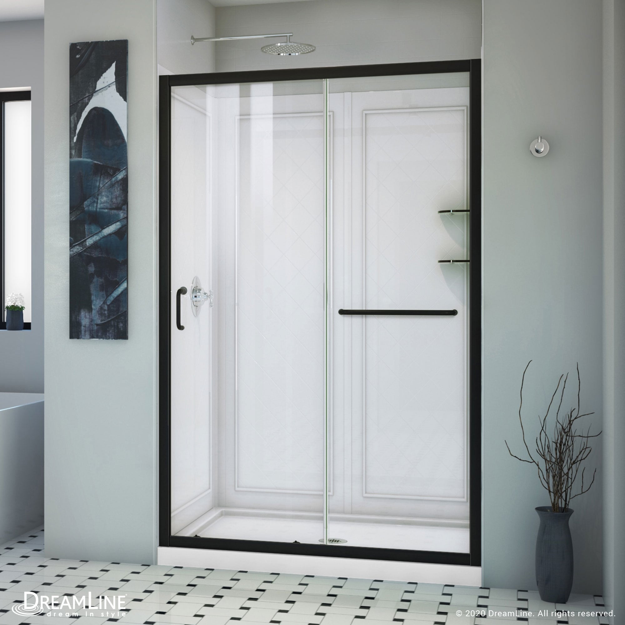 Dreamline Infinity Z 36 In. D X 48 In. W X 76 3 4 In. H Sliding Shower Door Shower Base And Backwall Kit Clear Glass