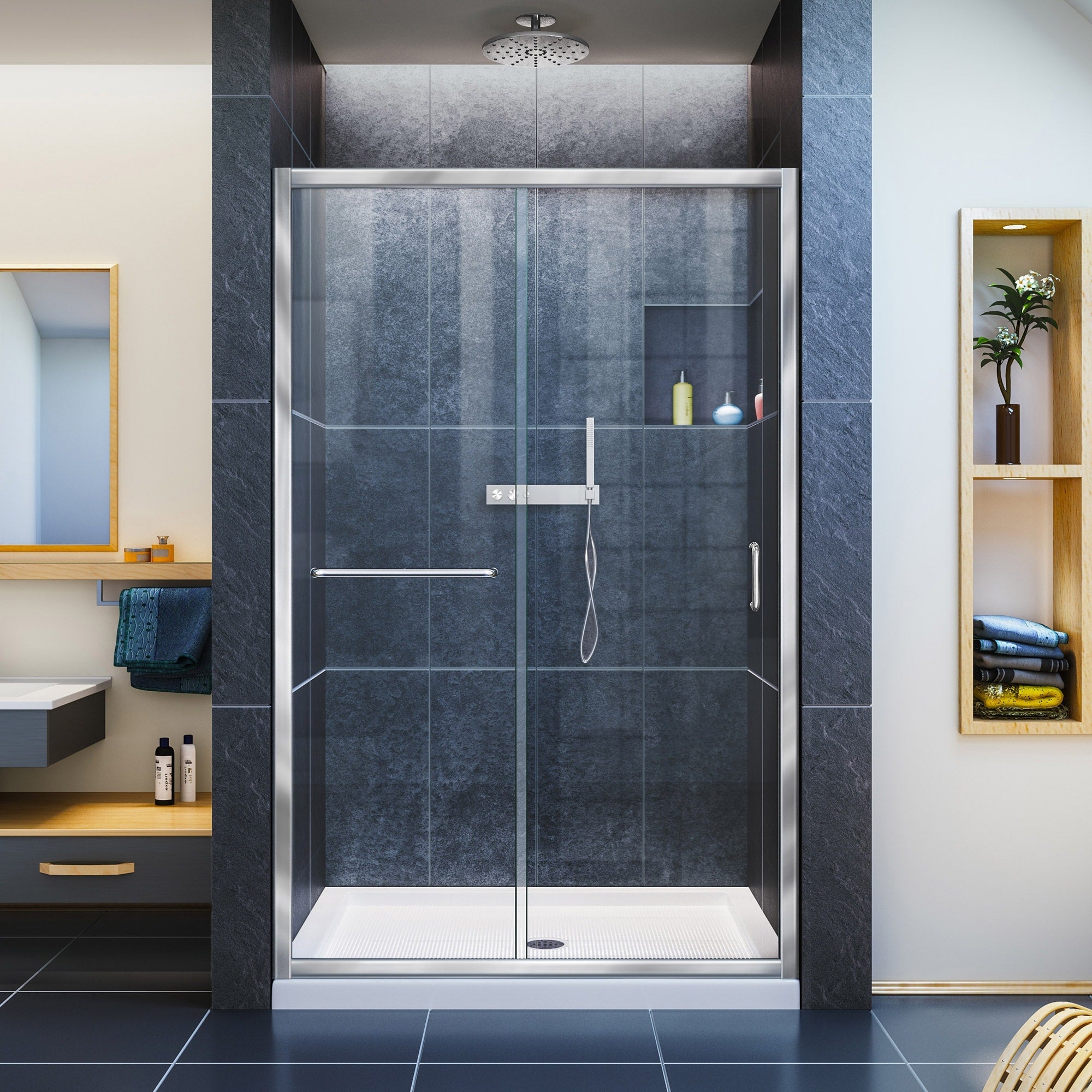 Dreamline Infinity Z 44 48 In. W X 72 In. H Semi Frameless Sliding Shower Door Clear Glass Center Drain Base