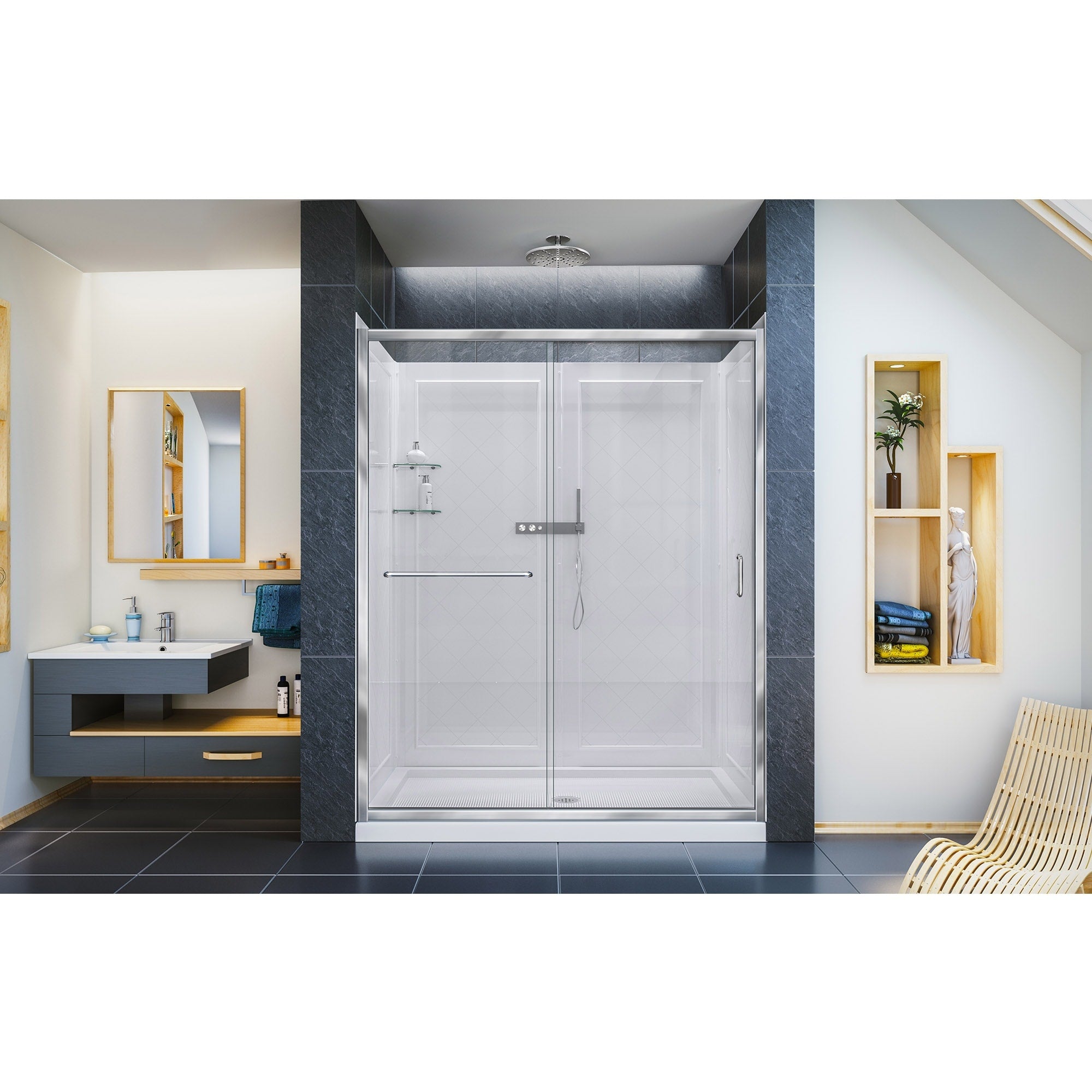 Dreamline Infinity Z Frameless Sliding Shower Door 32 In. X 60 In. Single Threshold Shower Base And Qwall 5 Shower Backwall Kit