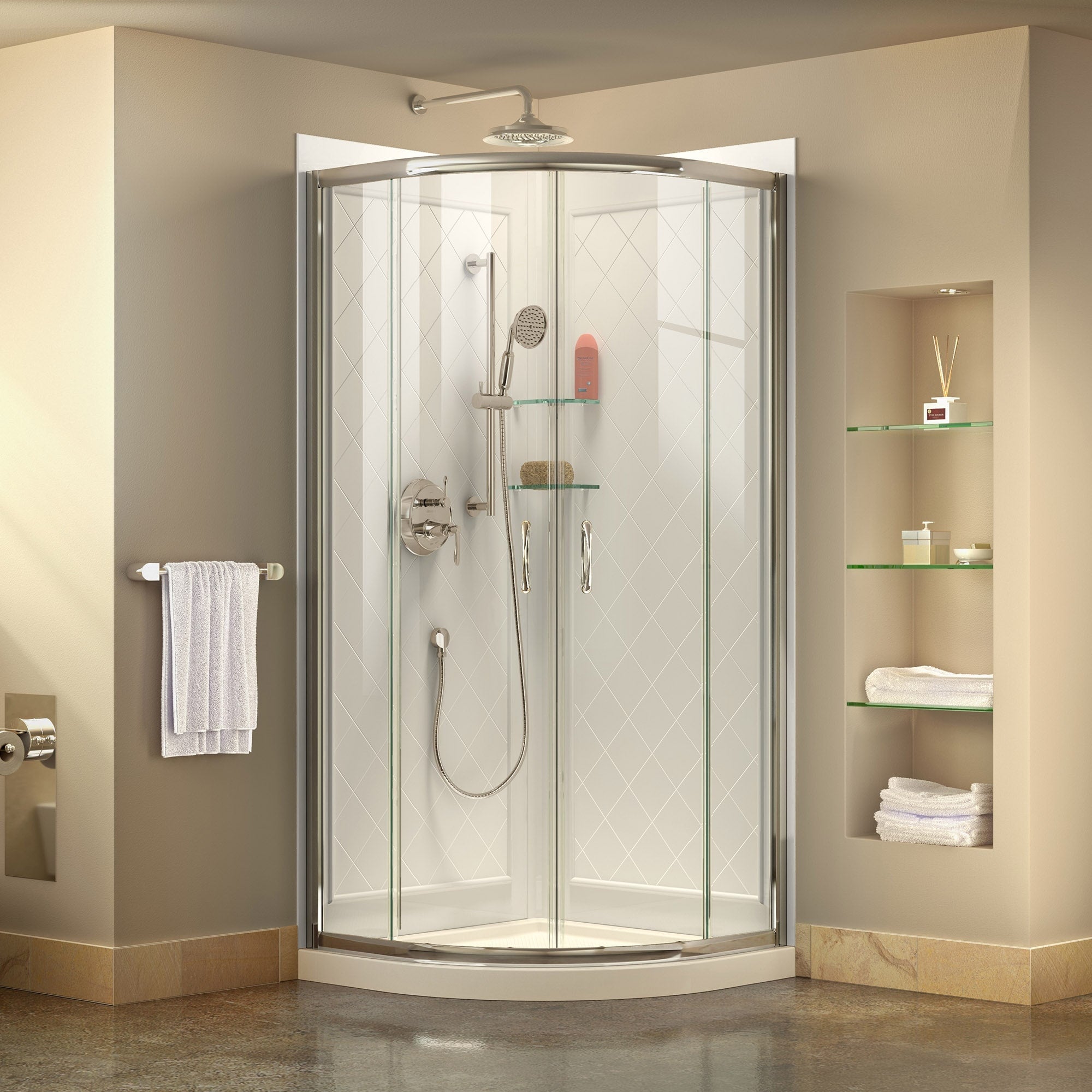 Dreamline Prime 33 In. X 33 In. X 76 3 4 In. H Sliding Shower Enclosure Shower Base And Qwall 4 Acrylic Backwall Kit