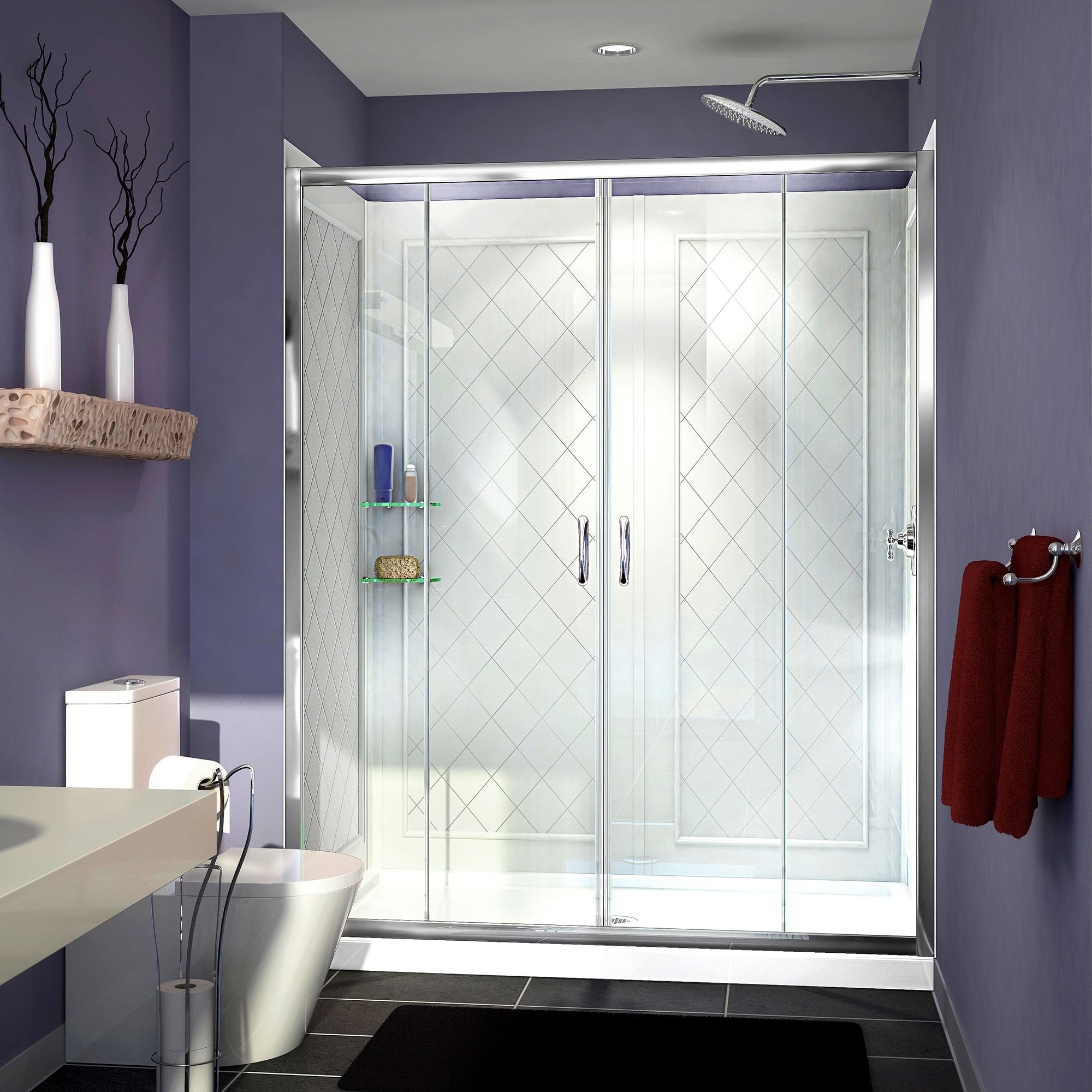 Dreamline Visions 32 In. D X 60 In. W X 76 3 4 In. H Semi Frameless Sliding Shower Door Shower Base And Qwall 5 Backwall Kit