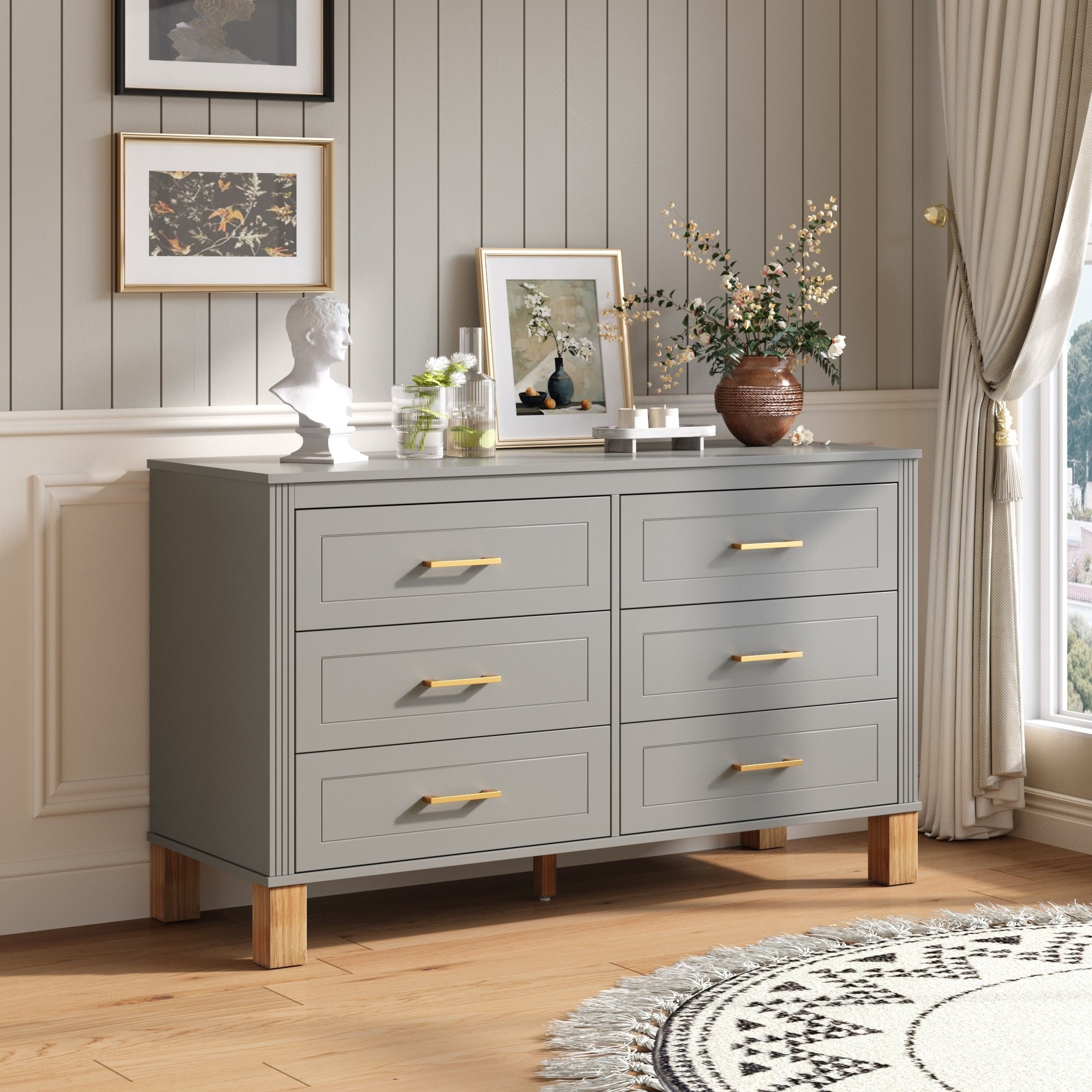 Dresser Storage Cabinet With Metal Handles Gray Chest Of Drawers Side Cabinet Hallway Cabinet With 6 Drawers