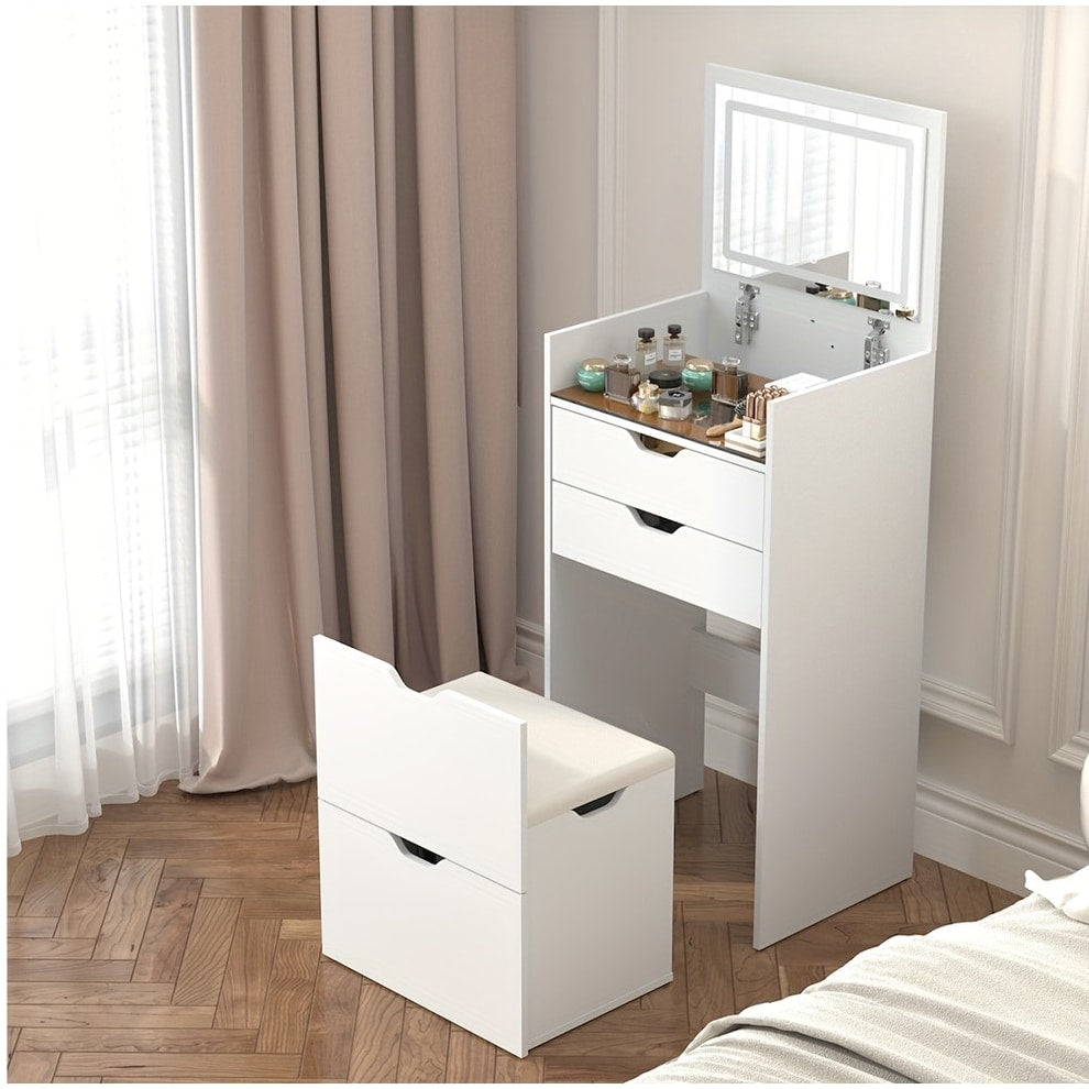 Dressing Table And Stool 3 In 1 Multifunctional Dressing Table Set Hd Mirror Two Sliding Drawers And A Hidden Storage Stool