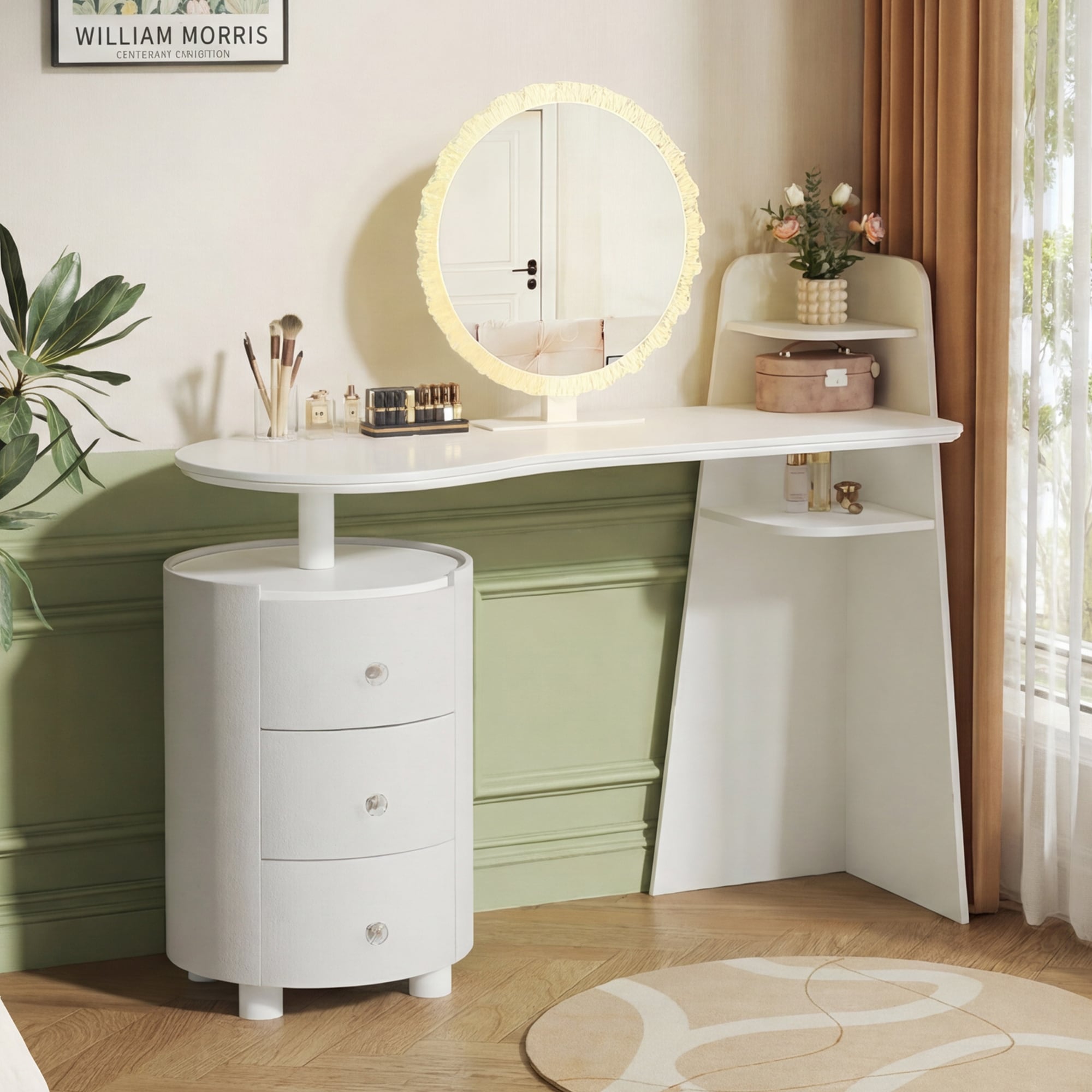 Dressing Table With 3 Color Led Round Mirror Rotatable 3 Tier Cylindrical Storage Cabinet Light Luxury Vanity Easy Assembly