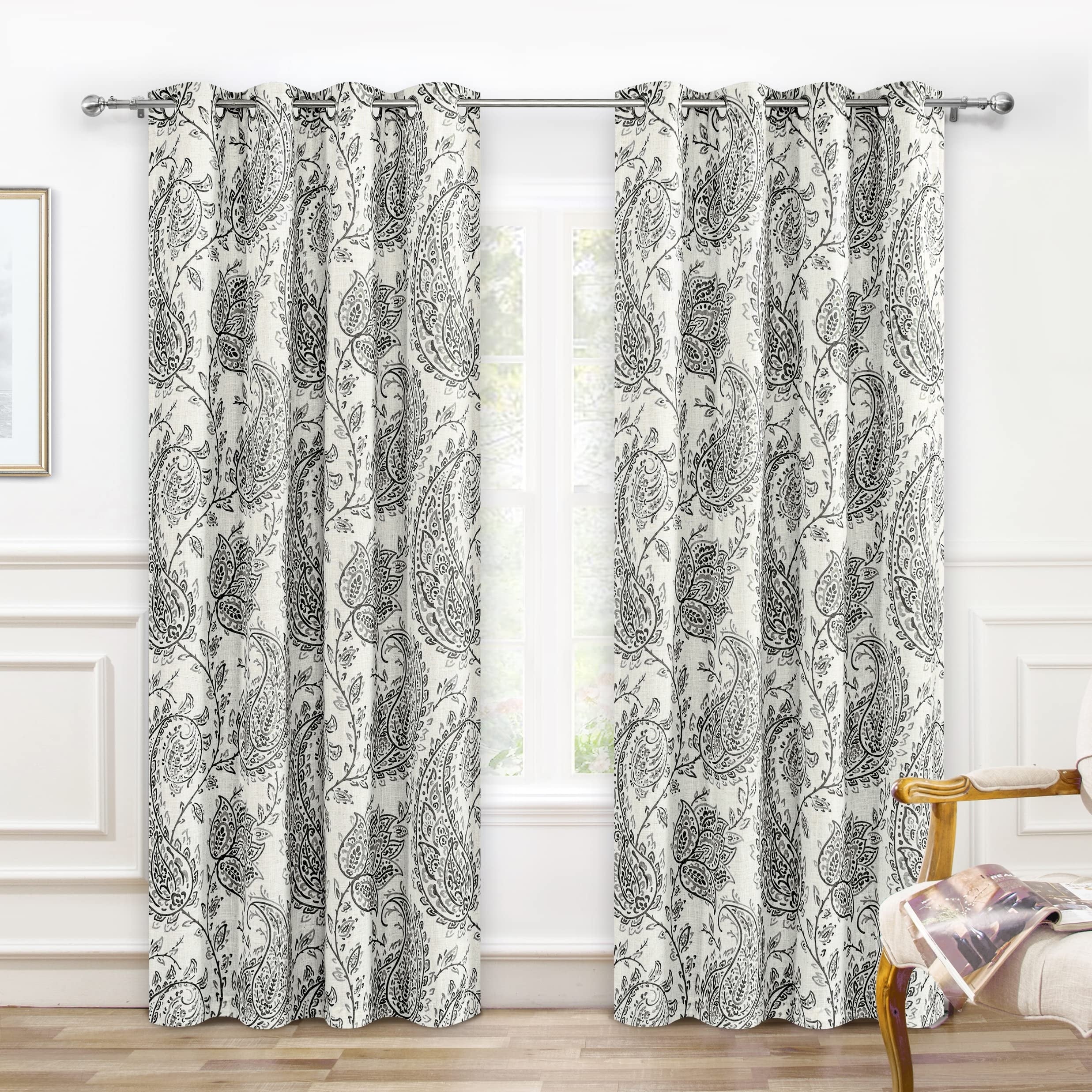 Driftaway Freda Jacobean Floral Linen Blend Lined Blackout Back Tabs Window Curtains