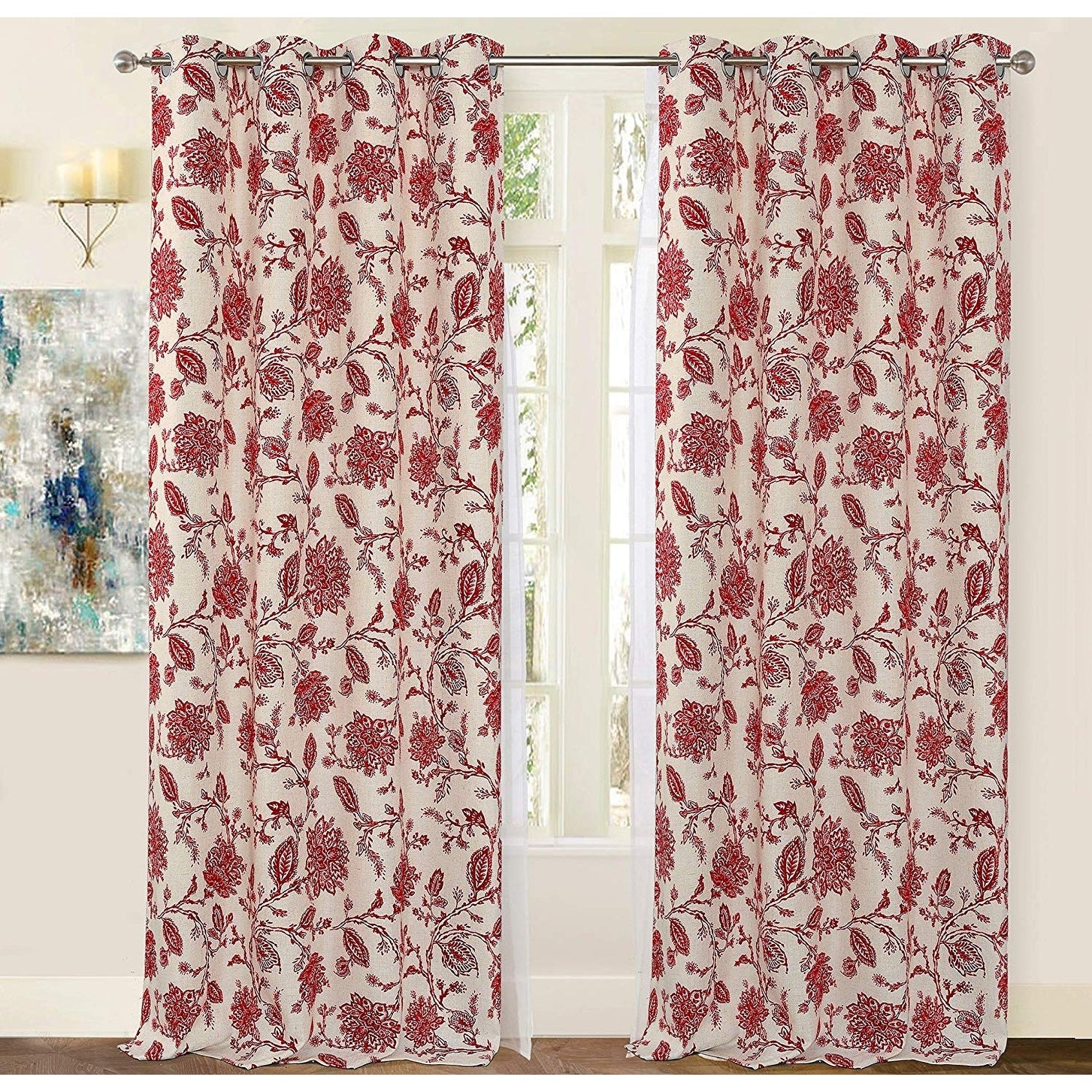Porch Den Oleson Jacobean Floral Linen Blend Blackout Curtain Panel Pair