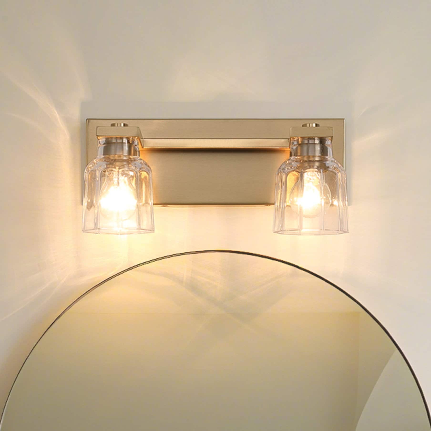 Dryden 15 Inch 2 Light Champagne Gold Vanity Light With Clear Ribbed Glass Shades