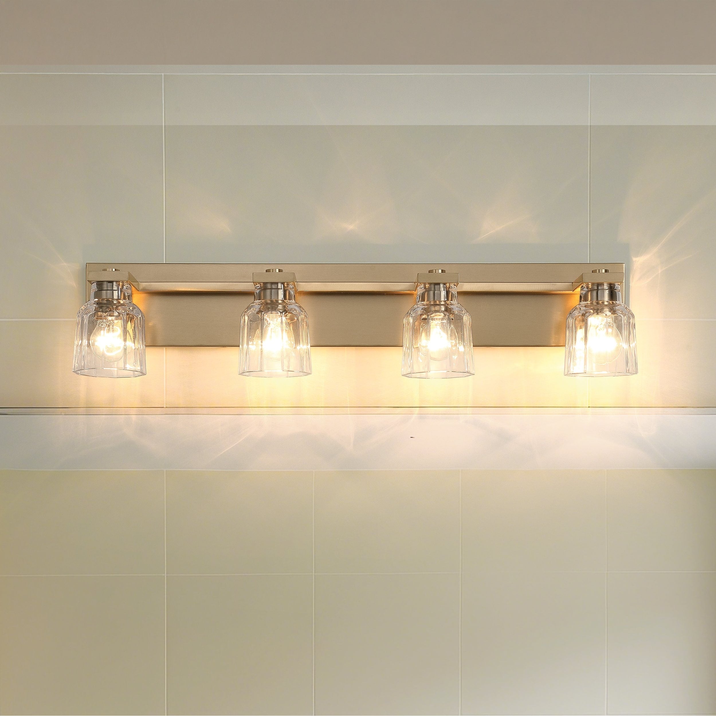 Dryden 32 Inch 4 Light Champagne Gold Vanity Light With Clear Ribbed Glass Shades