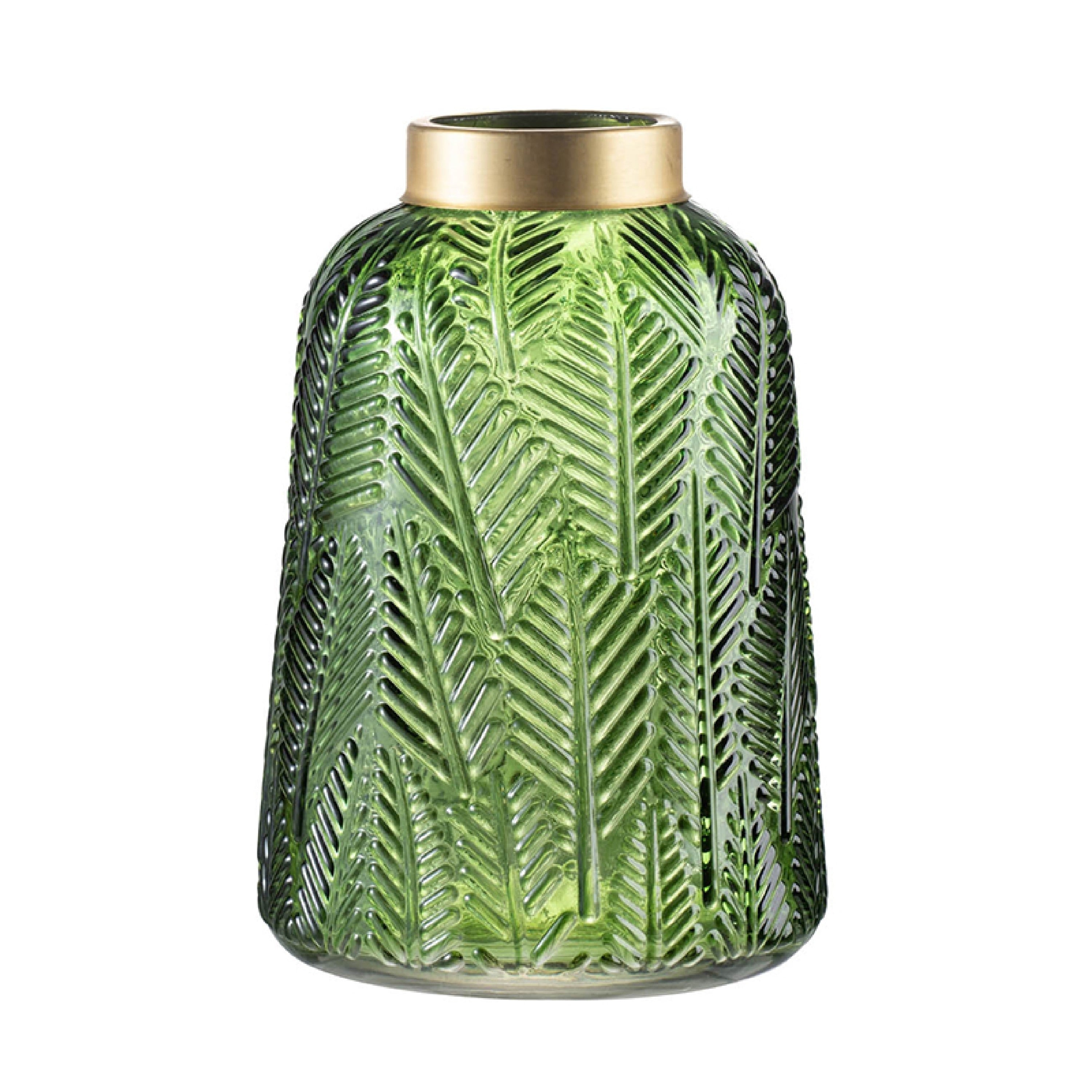 Dsy Floral Vase With Gold Rim Embossed Fern Leaf Green Glass 10 Inch
