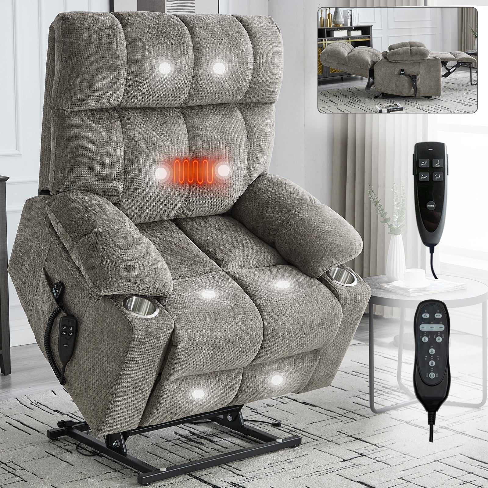 Dual Motor Power Lift Recliner Chair With Heat Massage Cup Holders