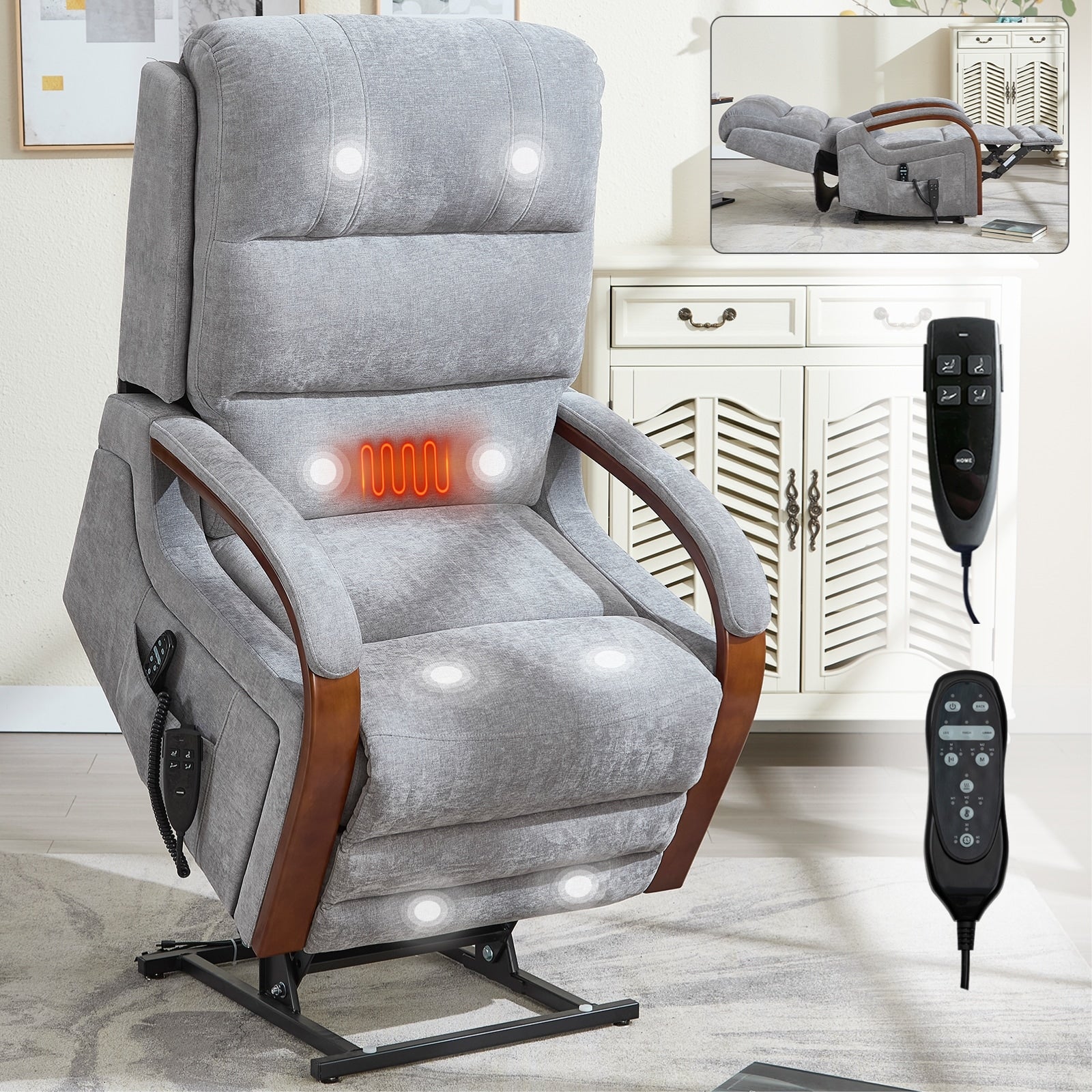 Dual Motor Power Lift Recliner Chair With Massage Heat And Wood Armrests