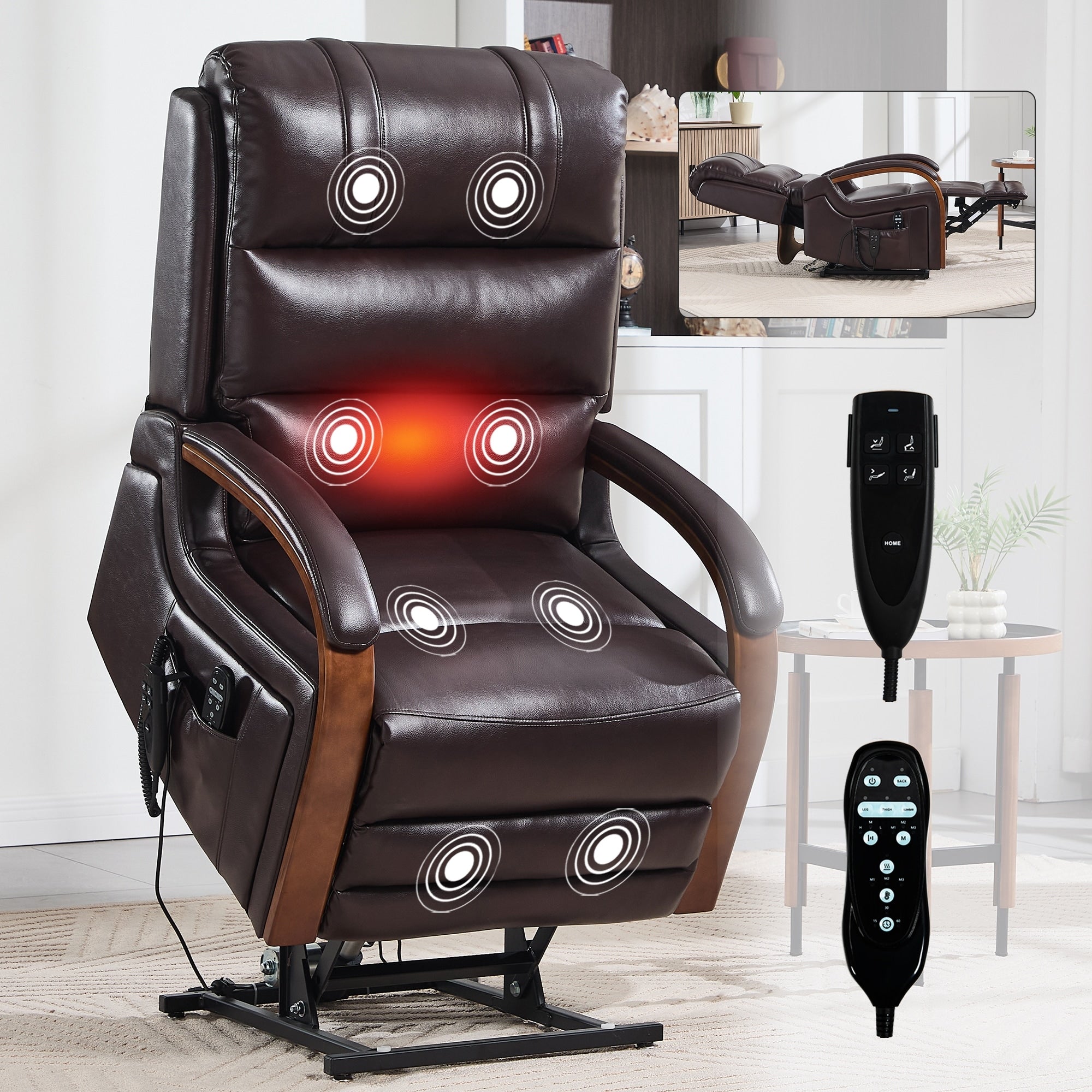 Dual Motor Power Lift Recliner With Heat Massage And Solid Wood Armrests