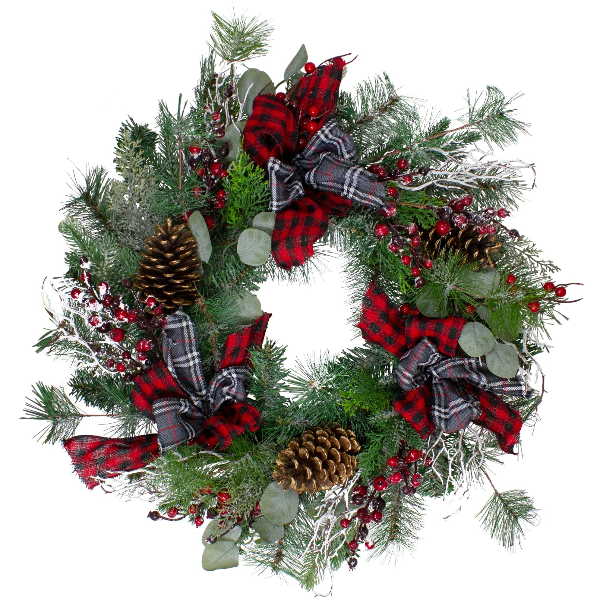 Dual Plaid And Berries Artificial Christmas Wreath 24 Inch Unlit