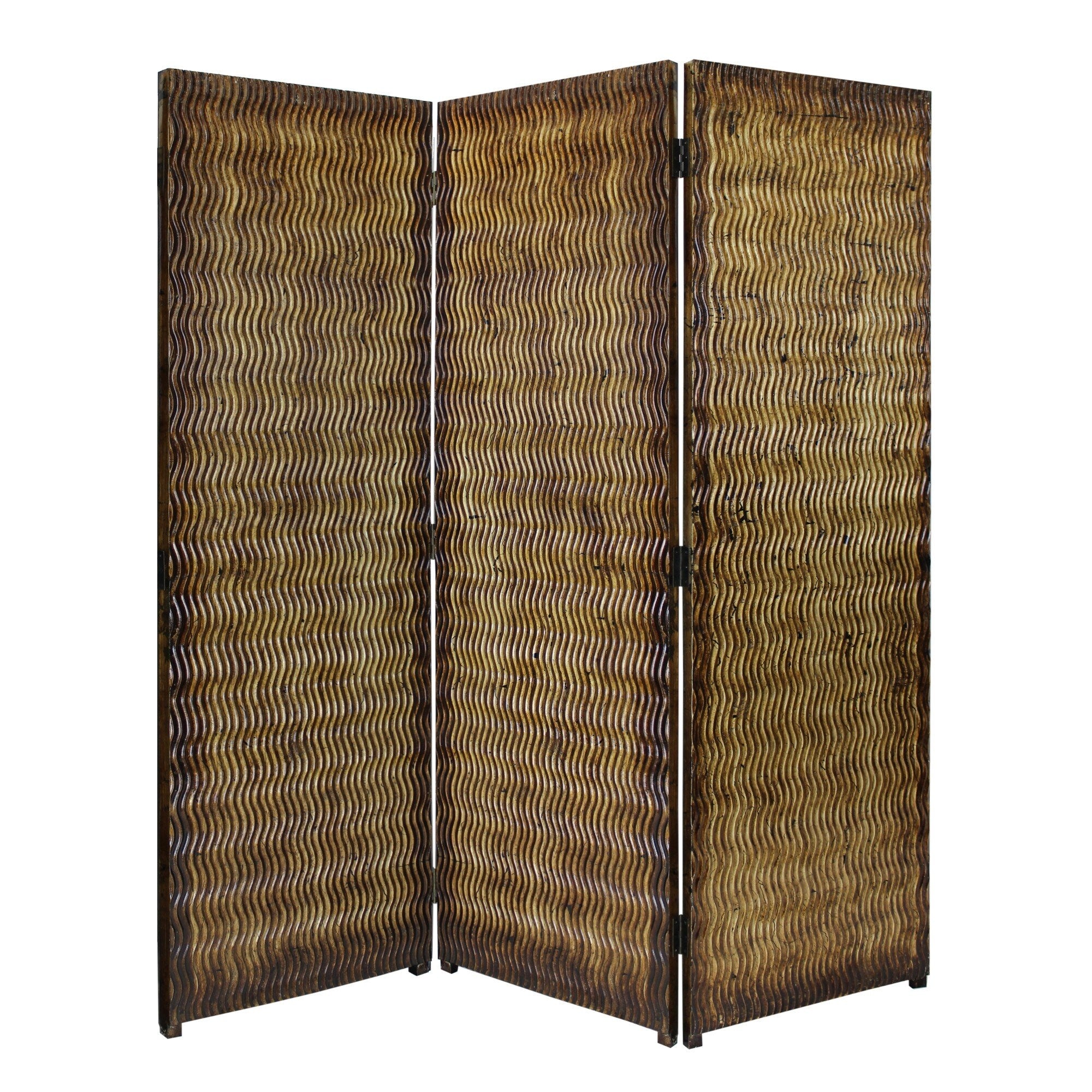 Dual Tone 3 Panel Wooden Foldable Room Divider With Wavy Design Brown