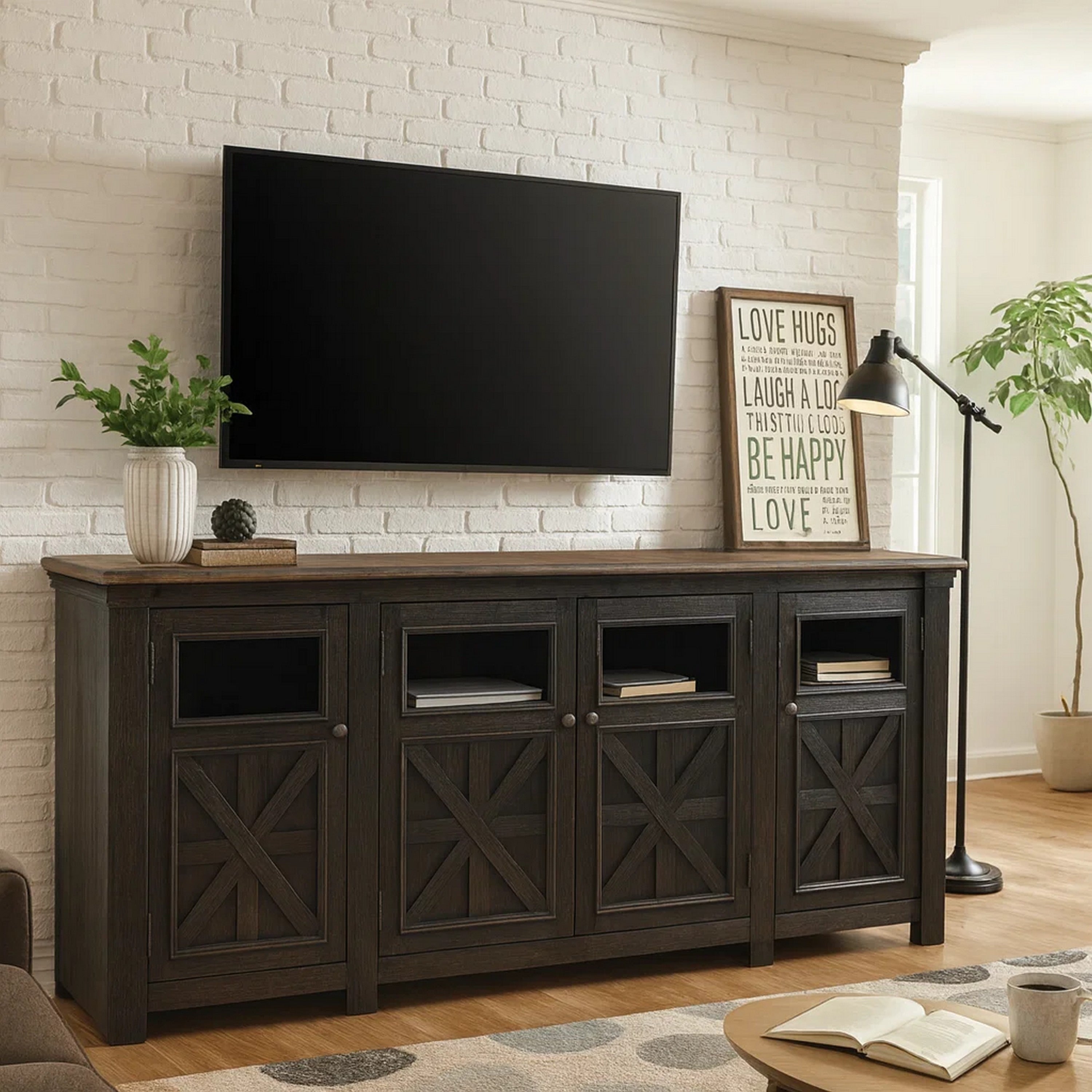 Dual Tone Wooden Tv Stand With Four Cross Buck Doors Storage Extra Large Brown And Black