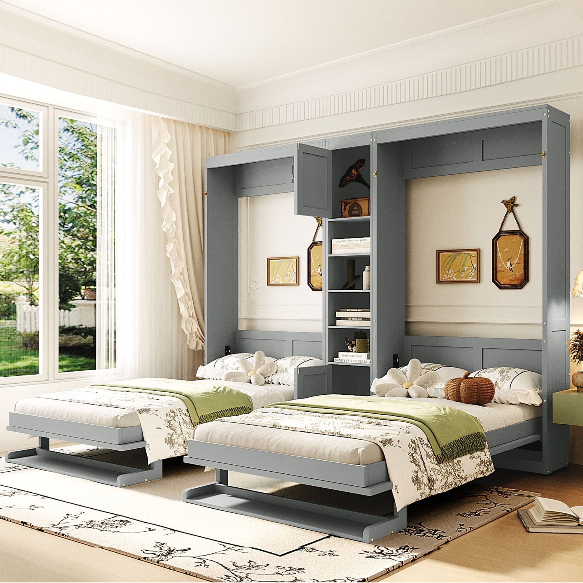 Dual Twin Wall Murphy Beds With Cabinets Shelves Space Saving Bedroom Solution