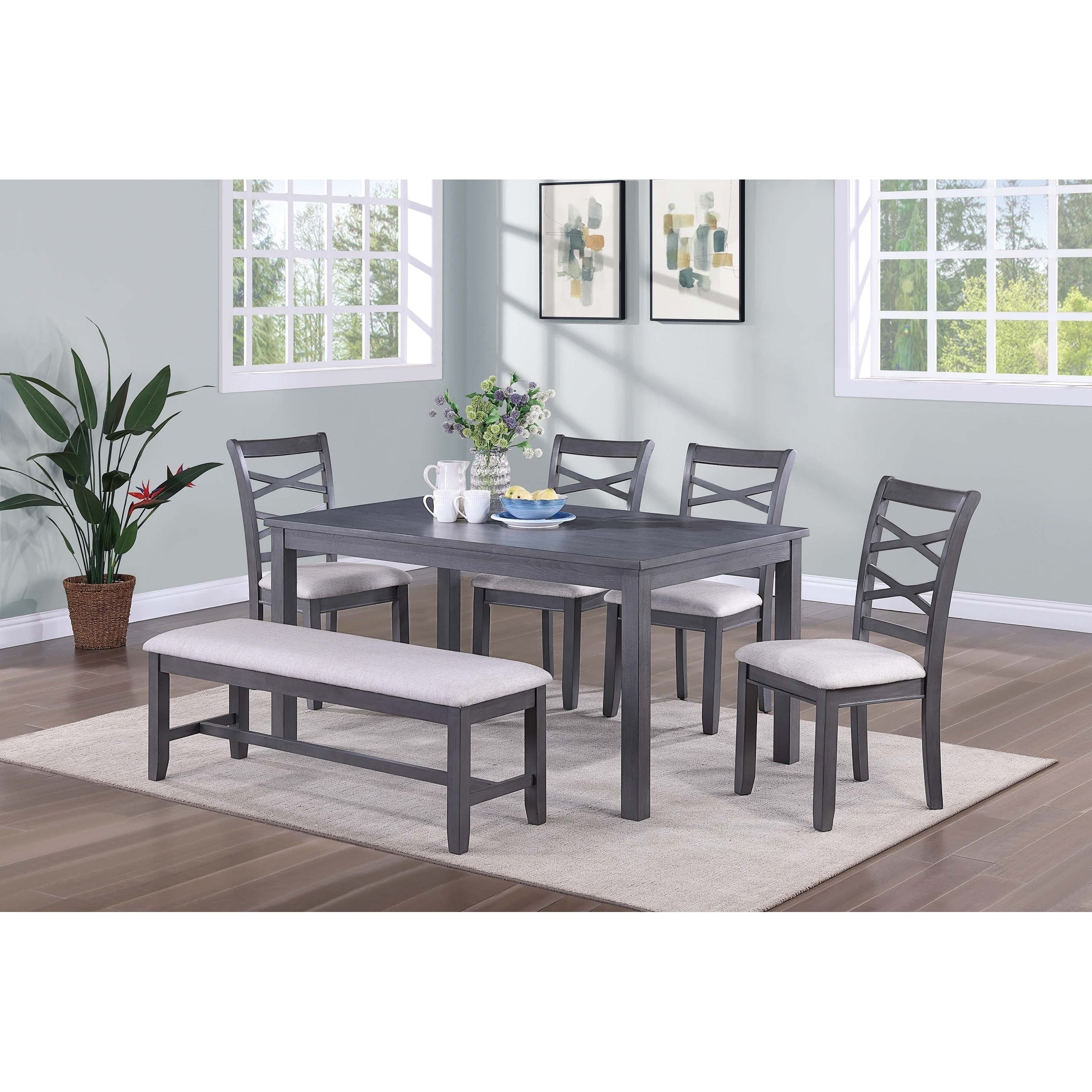 Dual X Cross Dining Set 6Pc Gray Finish Upholstered Chairs Dining Furniture